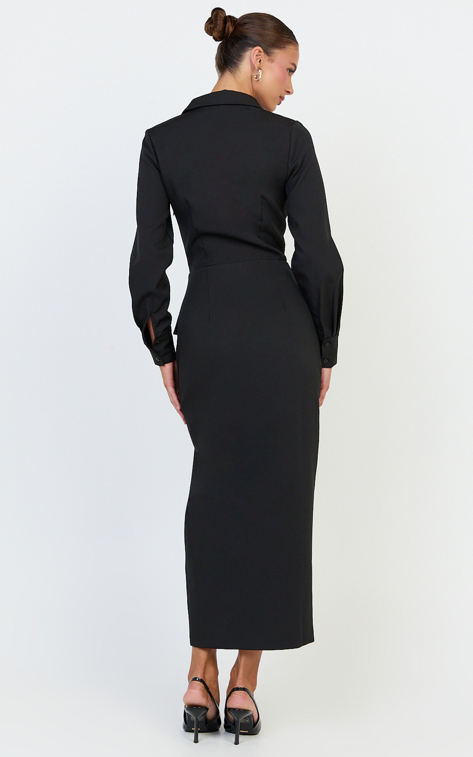 Henley Midi Dress - Long Sleeve Fitted Shirt Dress in Black