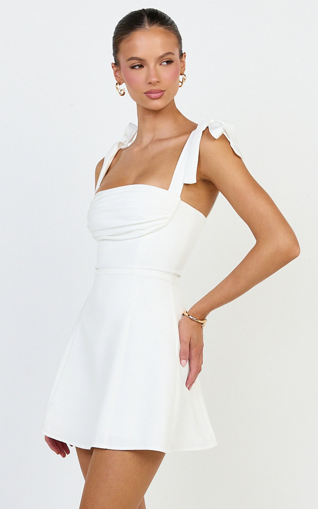 Inez Mini Dress - Gathered Bust A Line Shoulder Tie Dress in White