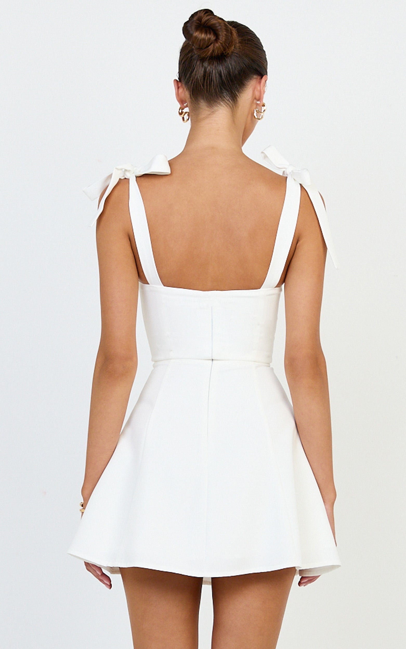Inez Mini Dress - Gathered Bust A Line Shoulder Tie Dress in White