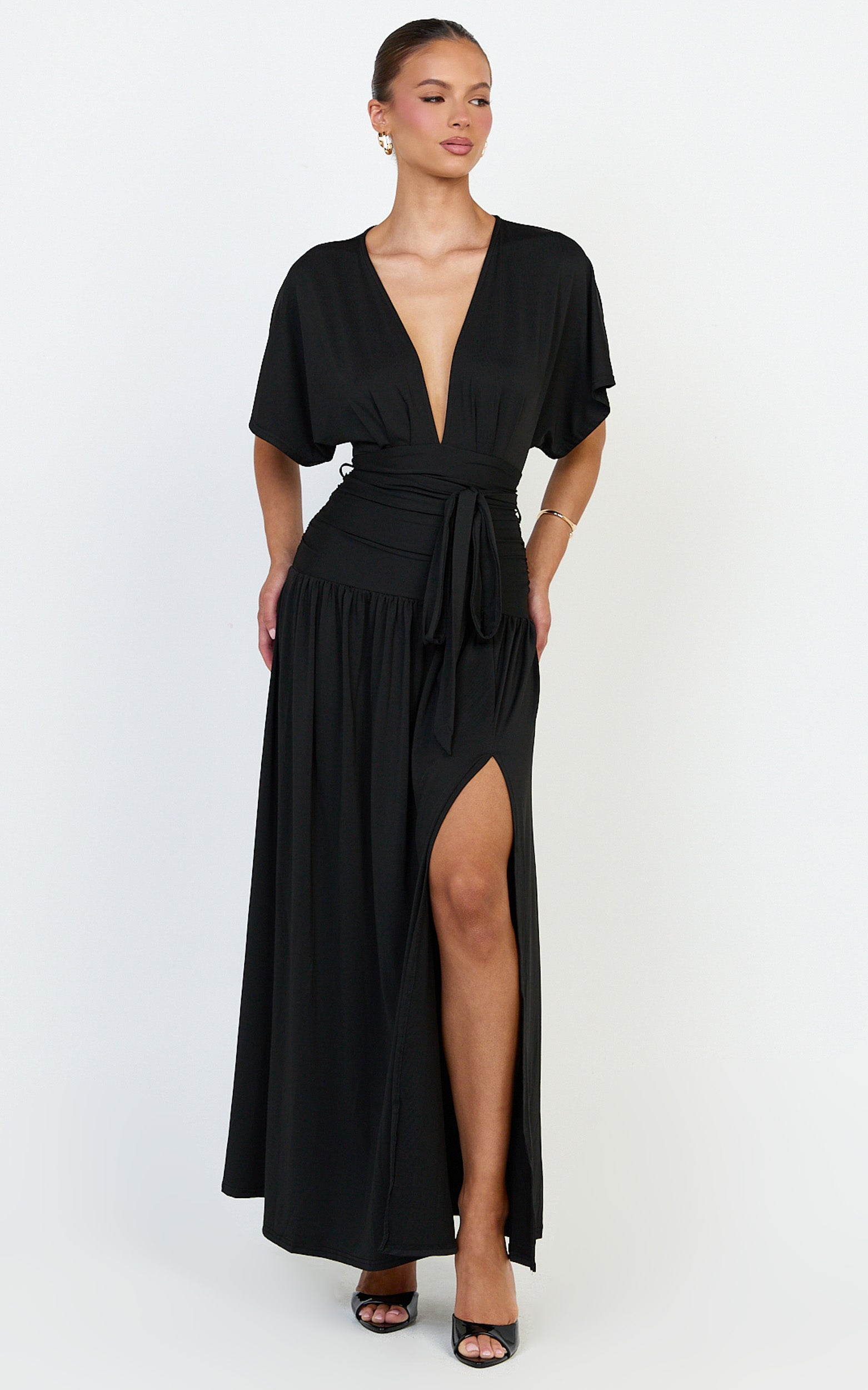 Liana Maxi Dress - Wide Sleeve Tie Waist Maxi Dress in Black