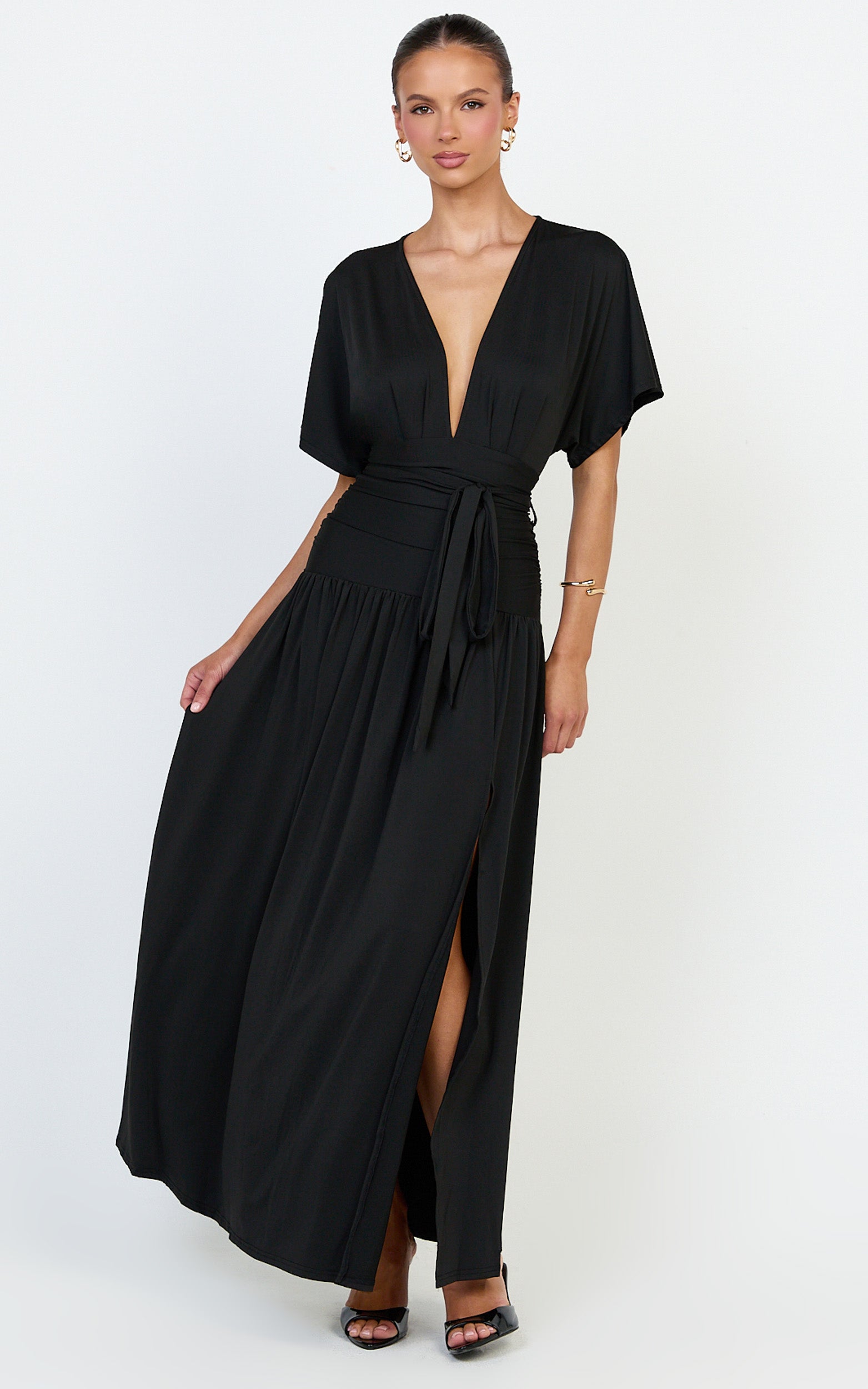 Liana Maxi Dress - Wide Sleeve Tie Waist Maxi Dress in Black