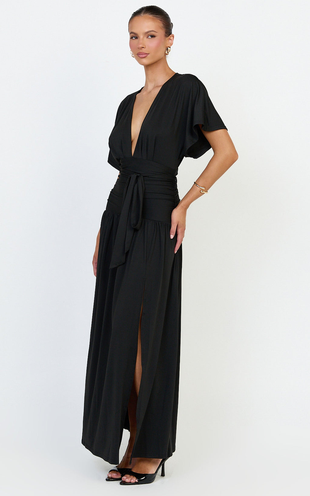Liana Maxi Dress - Wide Sleeve Tie Waist Maxi Dress in Black