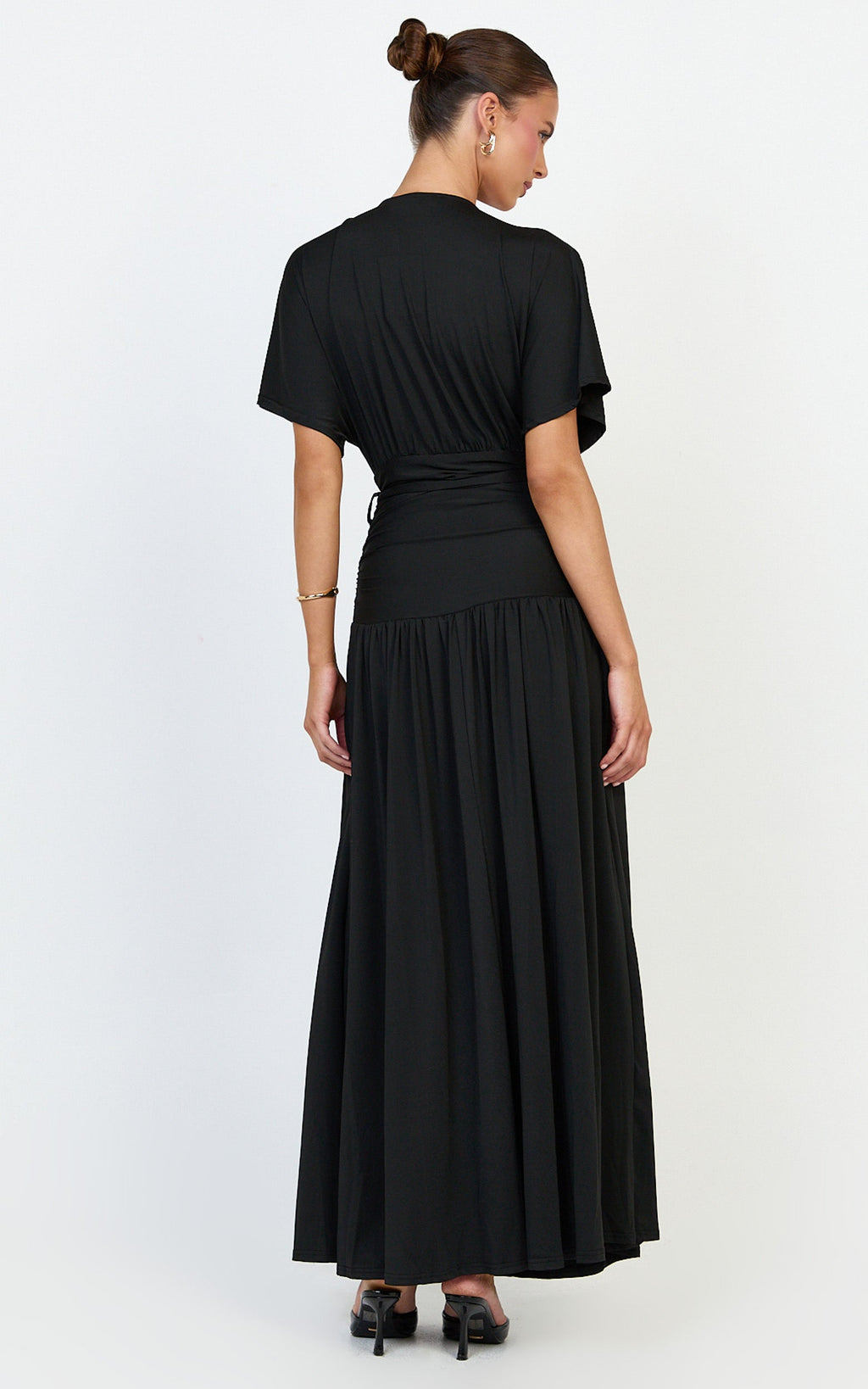 Liana Maxi Dress - Wide Sleeve Tie Waist Maxi Dress in Black