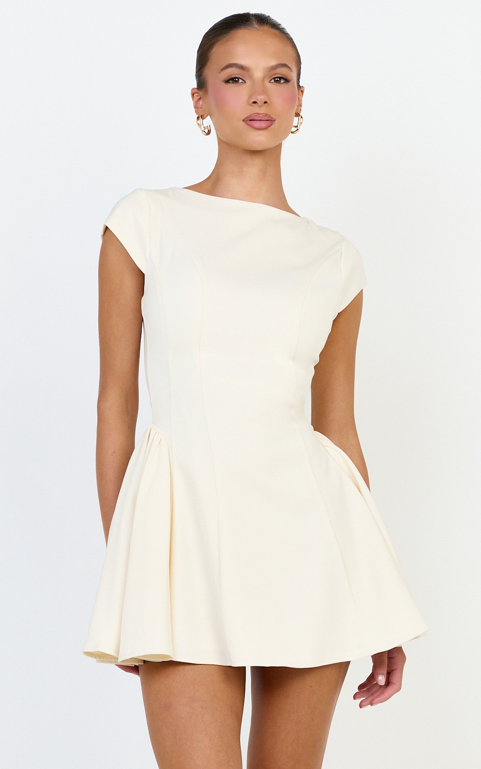 Lorayne Mini Dress - Cap Sleeve Gathered Hip Tie Back Mini Dress in Cream