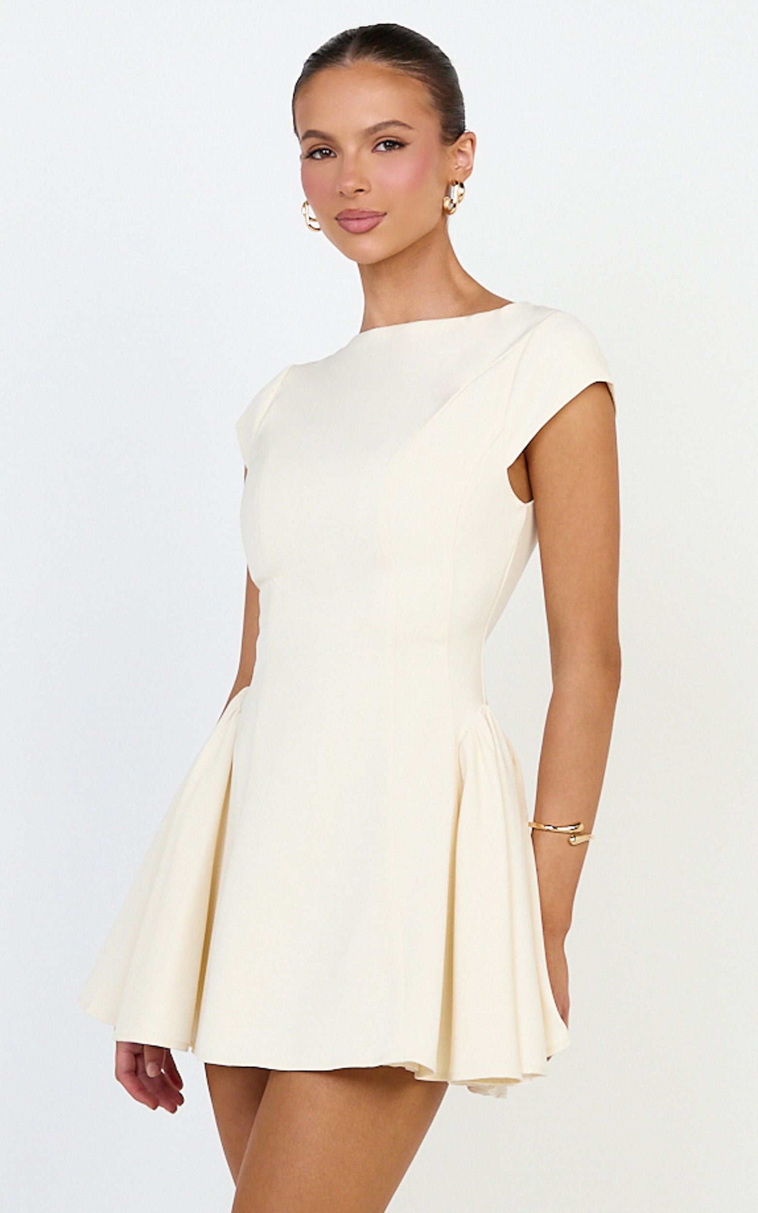 Lorayne Mini Dress - Cap Sleeve Gathered Hip Tie Back Mini Dress in Cream