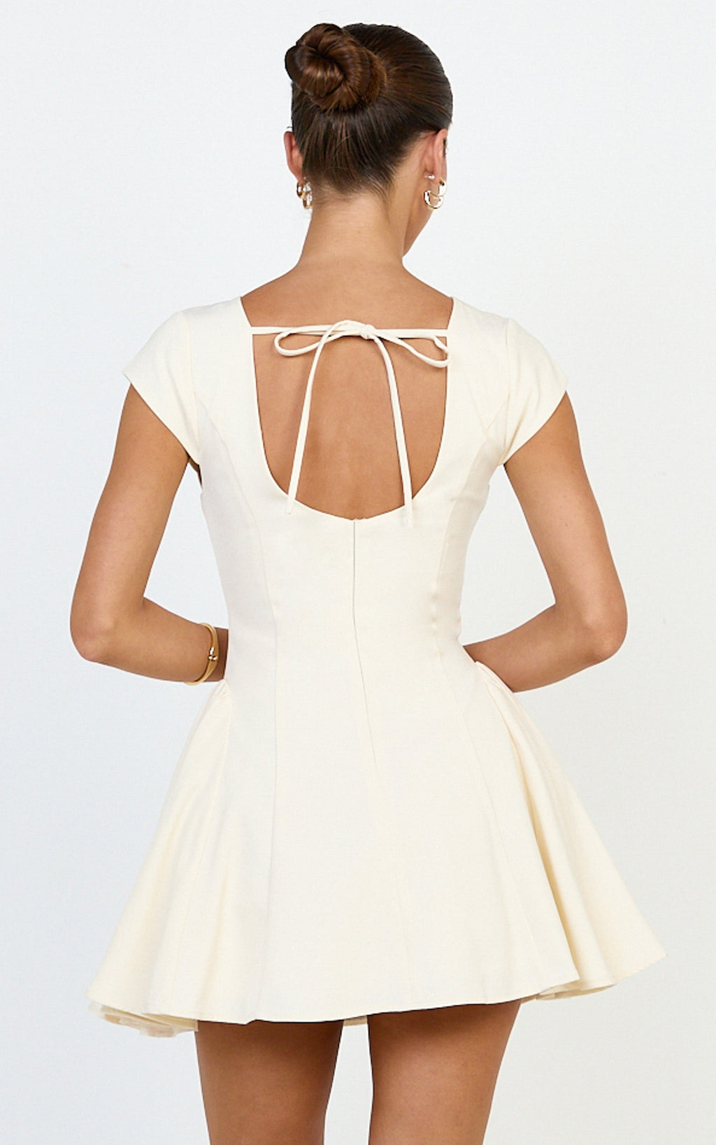 Lorayne Mini Dress - Cap Sleeve Gathered Hip Tie Back Mini Dress in Cream