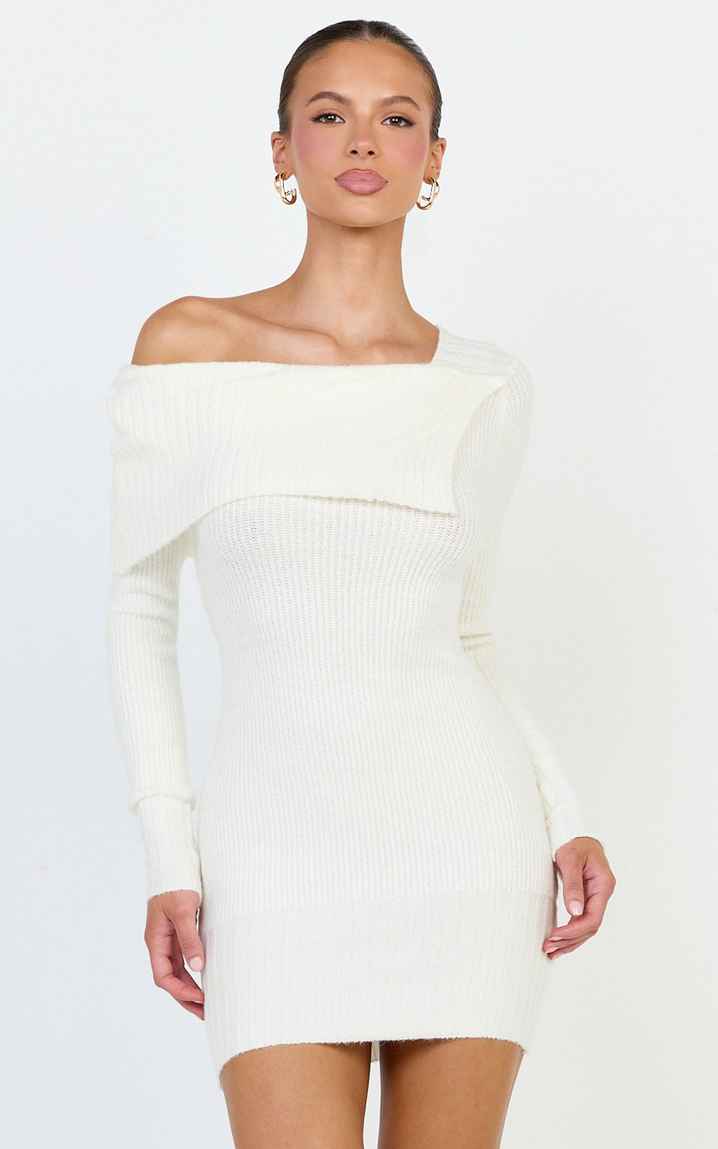 Tess Mini Dress - Asymmetric Off Shoulder Long Sleeve Knit Dress in Cream
