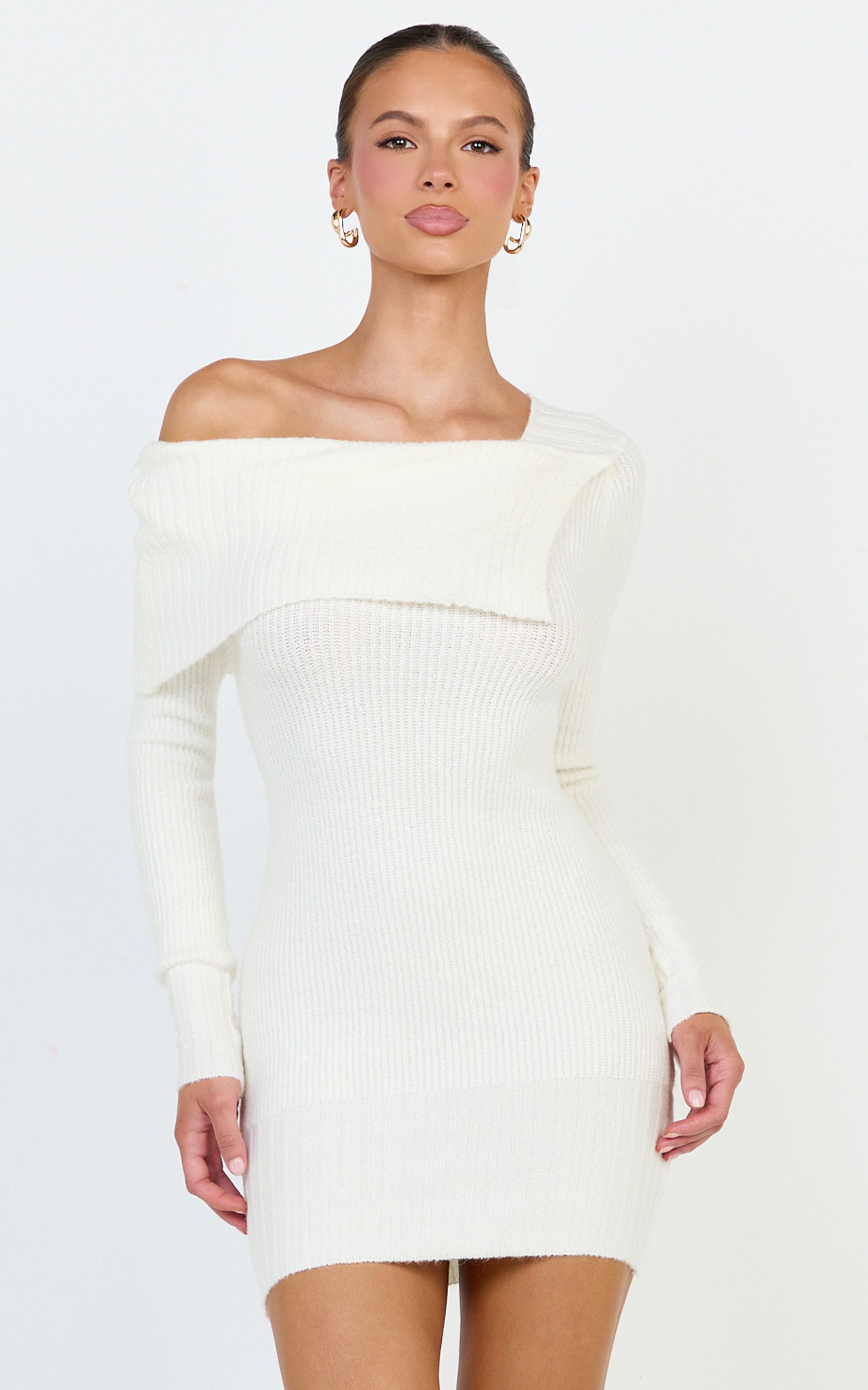 Tess Mini Dress - Asymmetric Off Shoulder Long Sleeve Knit Dress in Cream