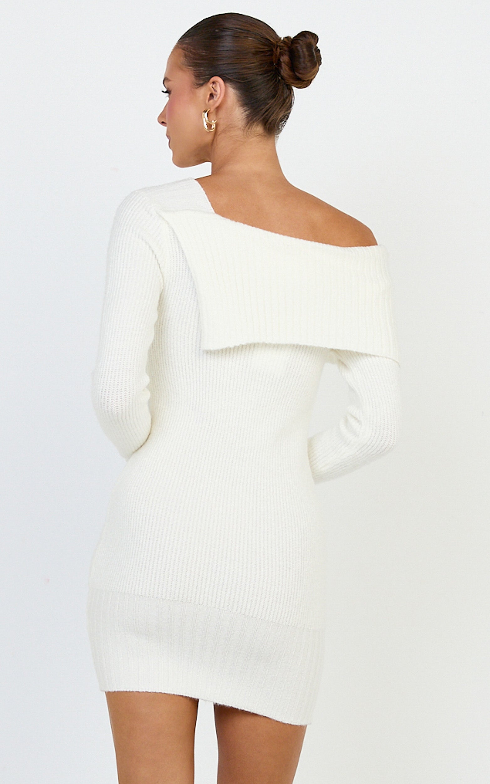 Tess Mini Dress - Asymmetric Off Shoulder Long Sleeve Knit Dress in Cream