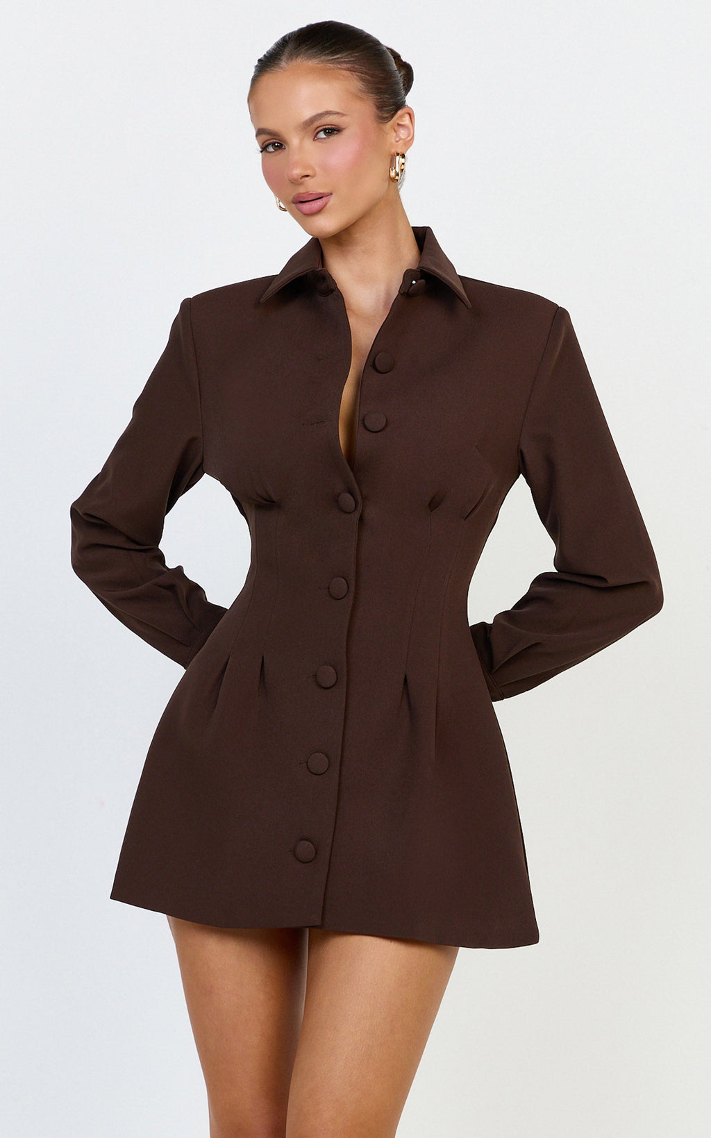 Thelma Mini Dress - Button Front Pleat Waist Tulip Skirt Shirtdress in Chocolate
