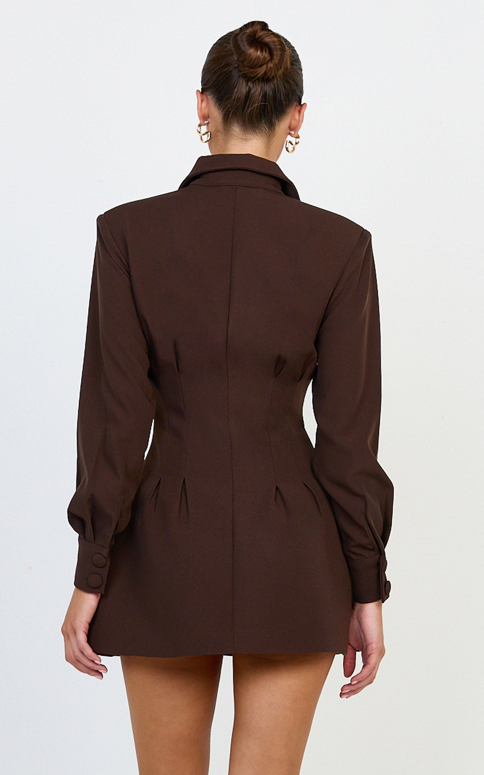 Thelma Mini Dress - Button Front Pleat Waist Tulip Skirt Shirtdress in Chocolate