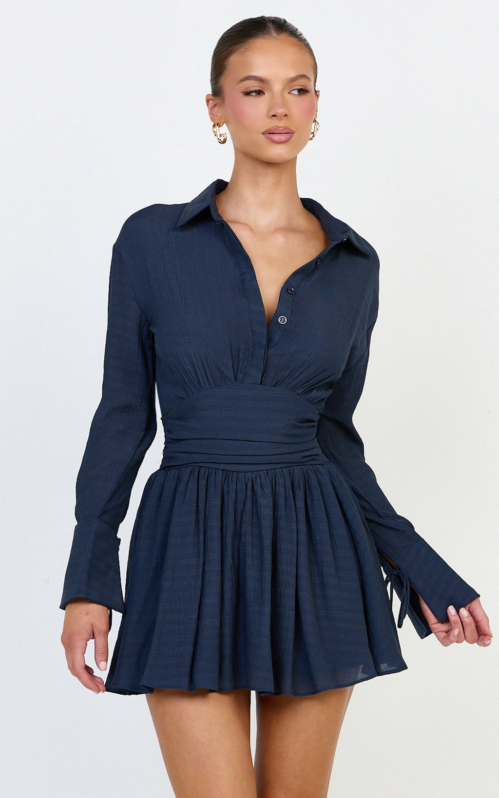 Valerie Mini Dress - Collared Long Sleeve Waist Shirt Dress in Navy