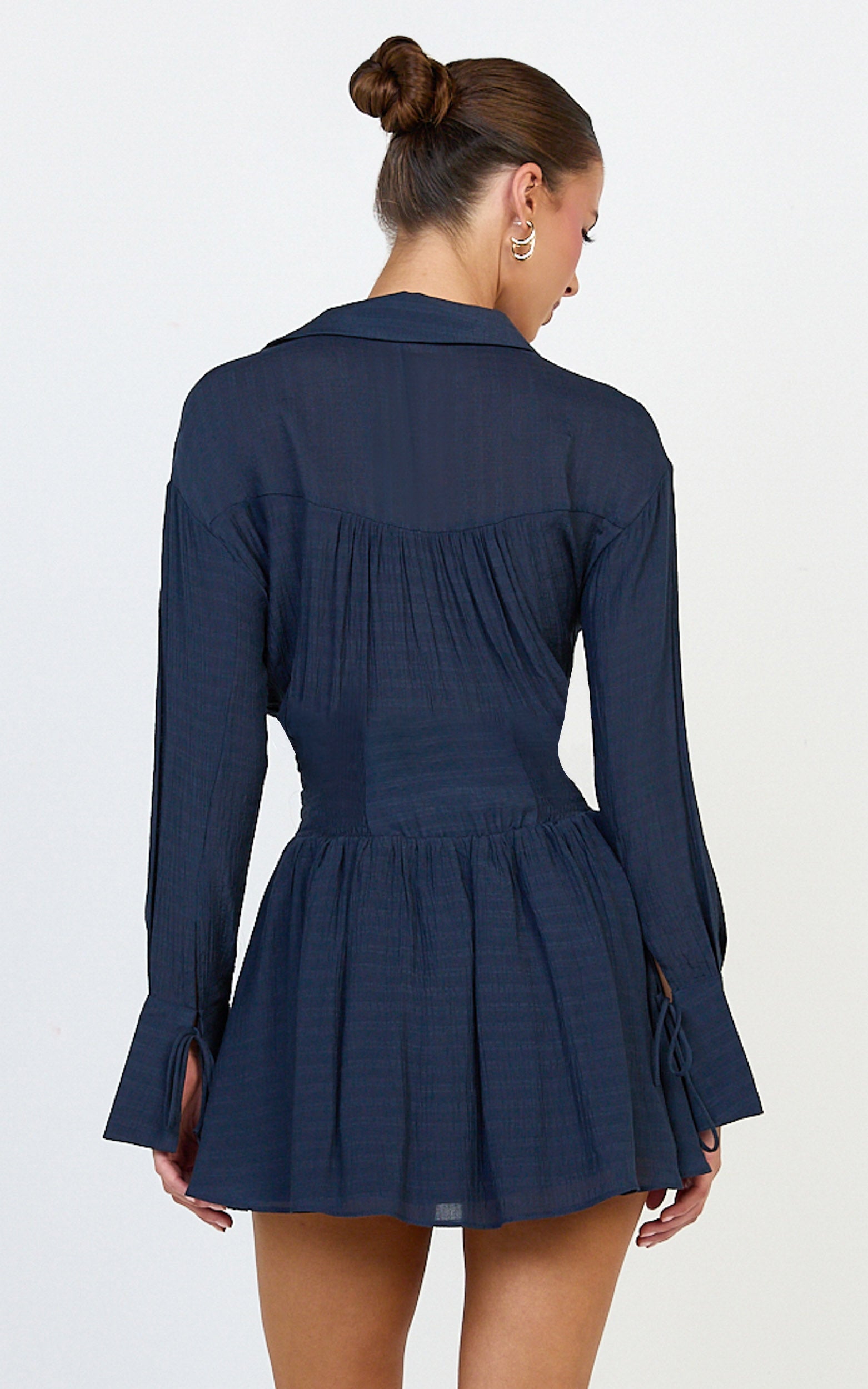 Valerie Mini Dress - Collared Long Sleeve Waist Shirt Dress in Navy