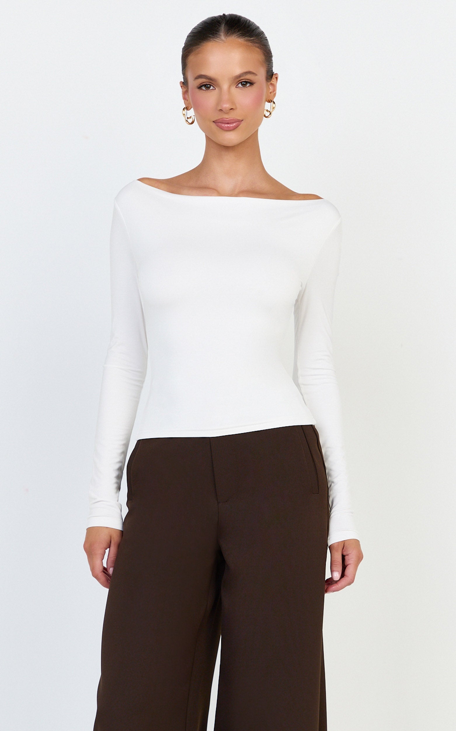 Tisdale Top - Boat Neck Long Sleeve Top in Cream