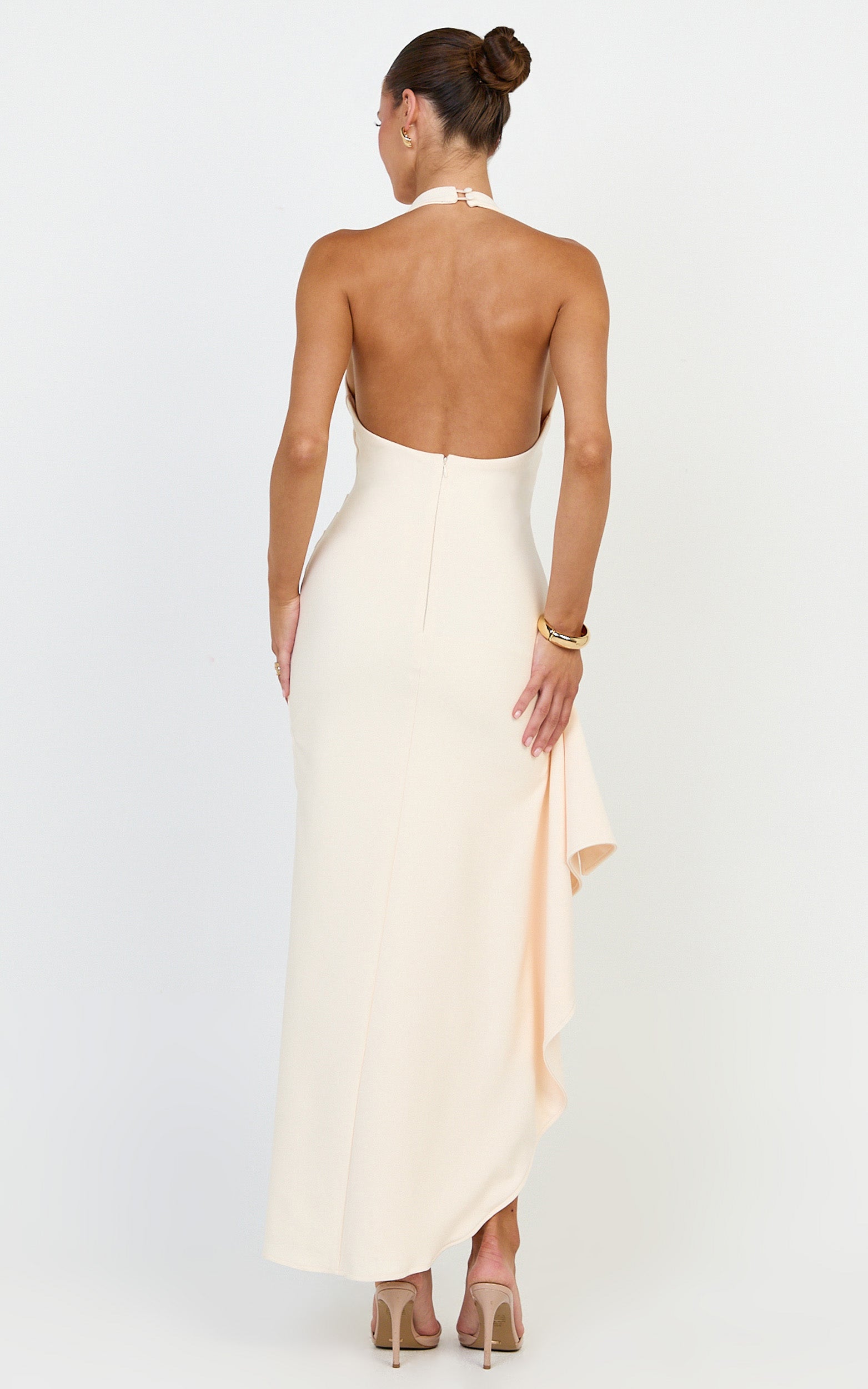 Lani Midi Dress - Scooped Neckline Draped Skirt Halter Dress in Cream
