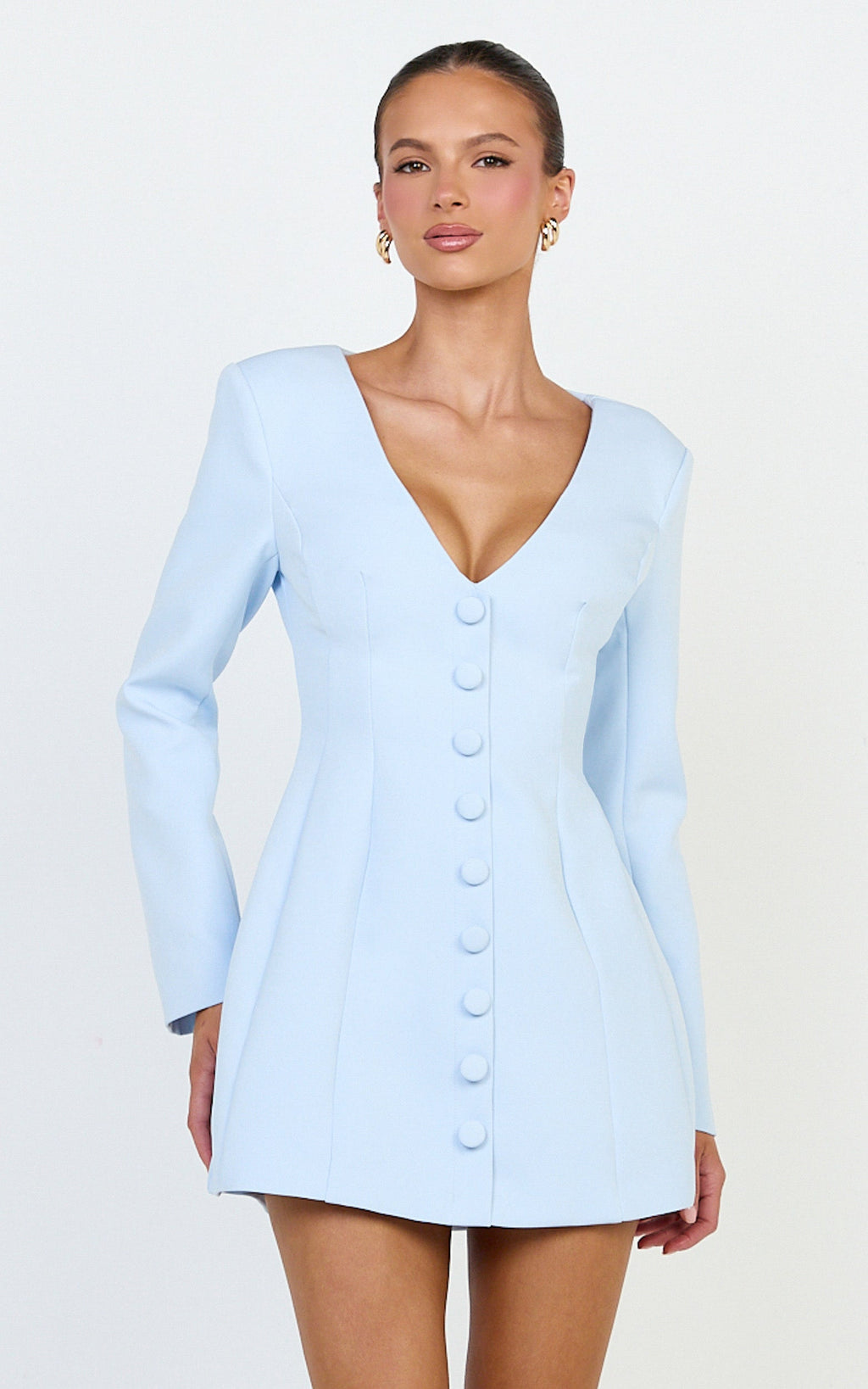Lavender Mini Dress - Wide Neck Button Down Blazer Dress in Baby Blue