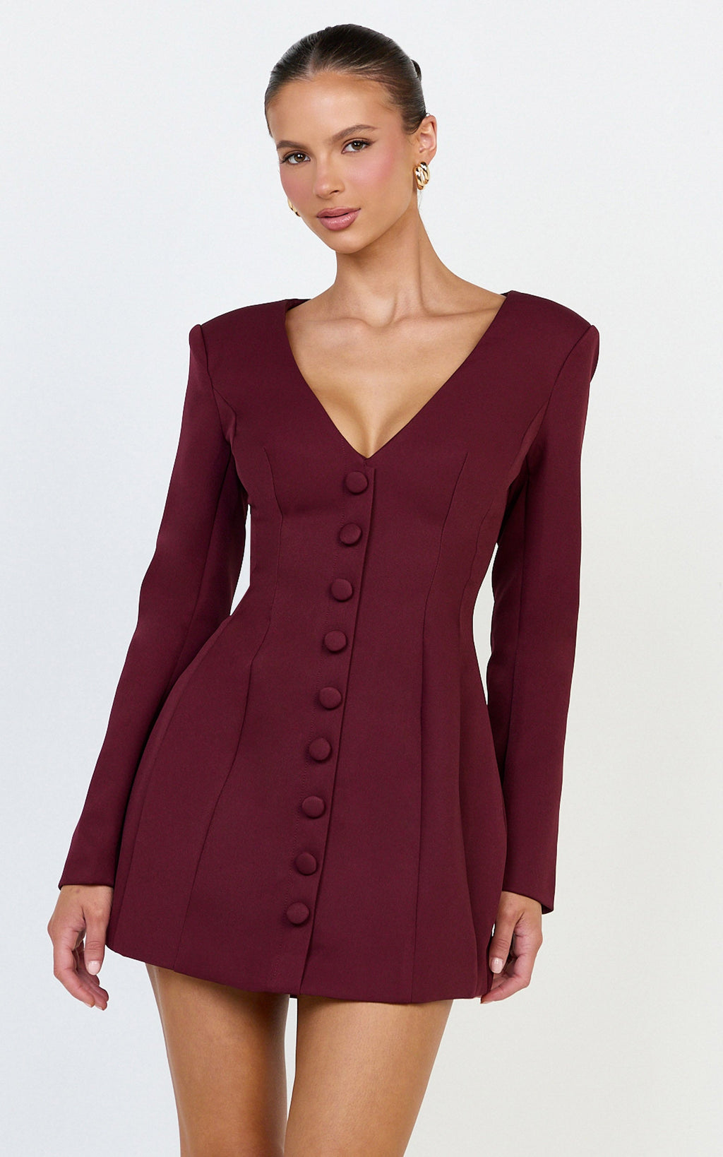 Lavender Mini Dress - Wide Neck Button Down Blazer Dress in Wine