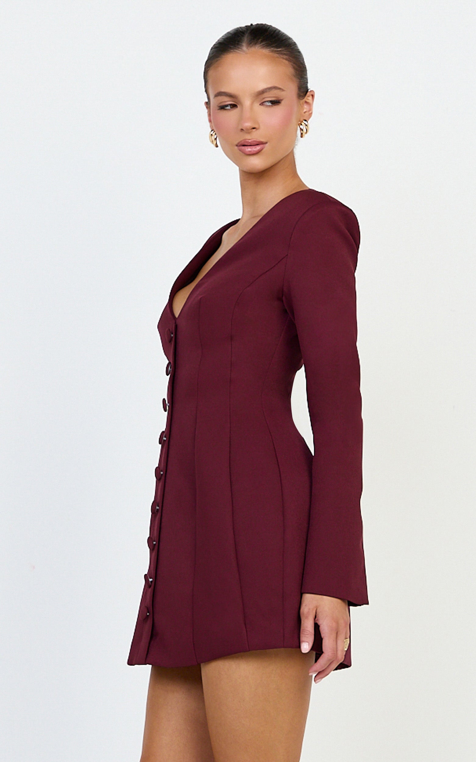 Lavender Mini Dress - Wide Neck Button Down Blazer Dress in Wine