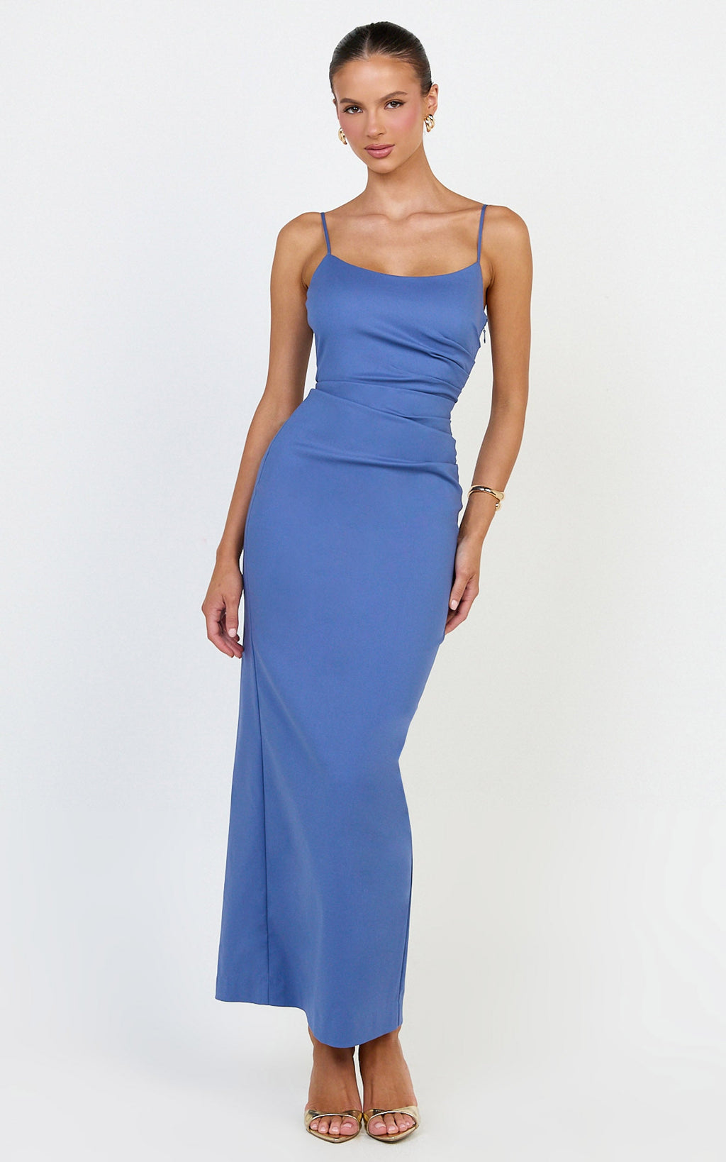 Liora Midi Dress - Low Back Scoop Neck Pin Tucked Dress in Steel Blue
