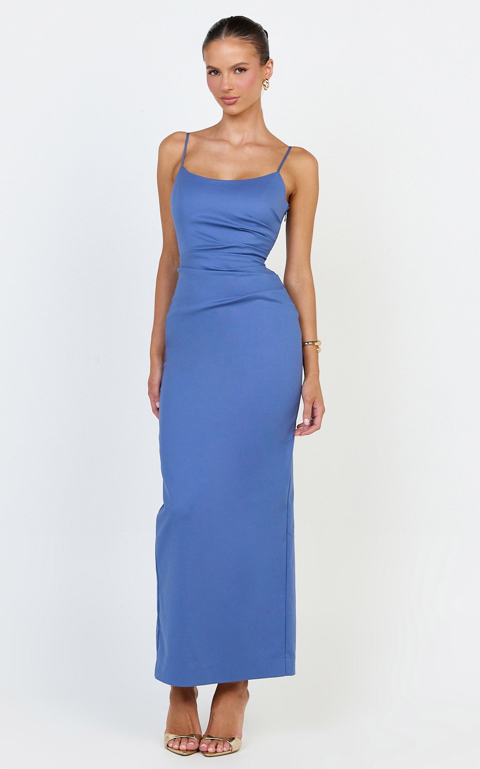 Liora Midi Dress - Low Back Scoop Neck Pin Tucked Dress in Steel Blue