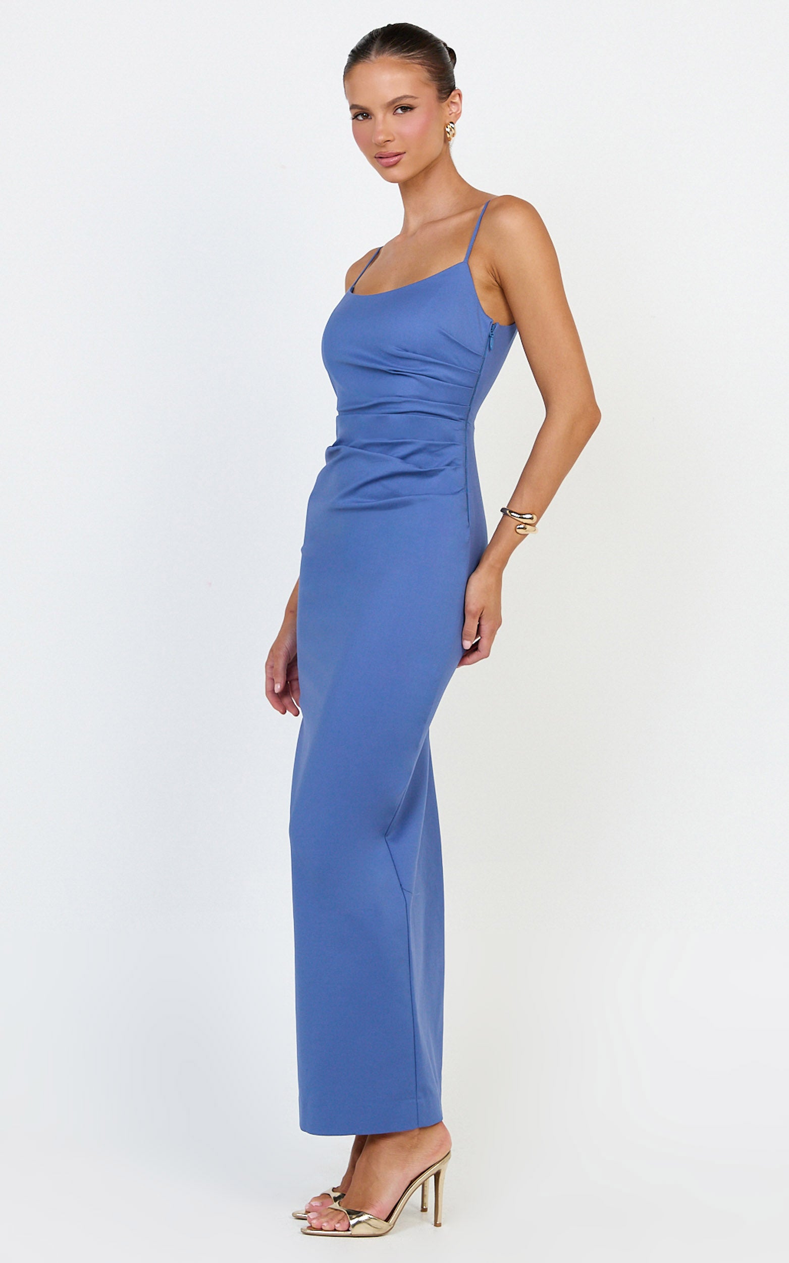 Liora Midi Dress - Low Back Scoop Neck Pin Tucked Dress in Steel Blue