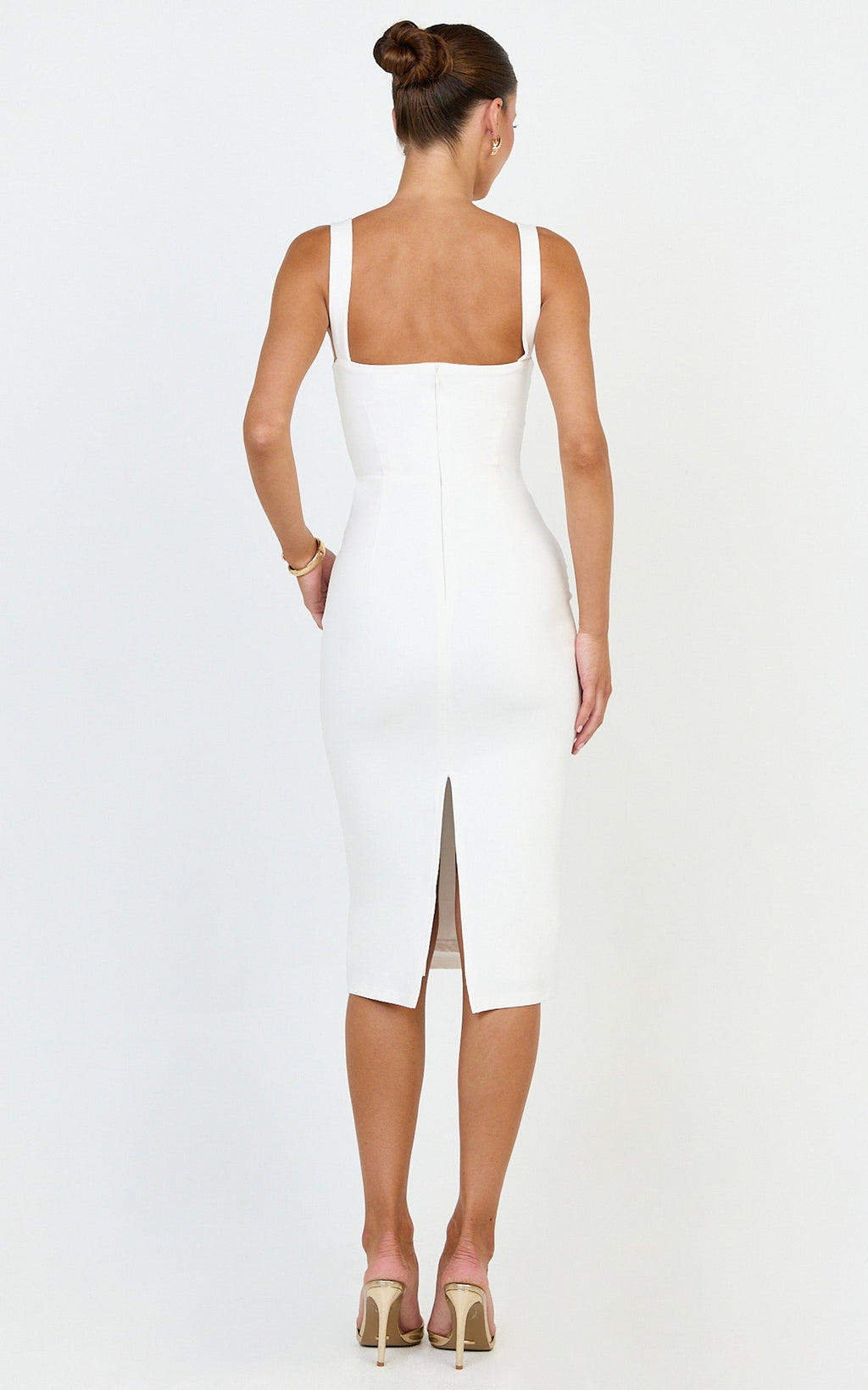 Tiffy Midi Dress - Square Neck Ruched Bodycon Dress in White