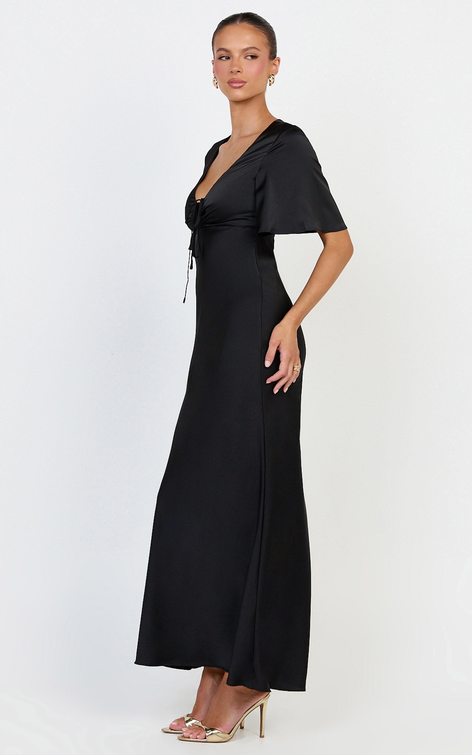 Amelie Maxi Dress - Ruched Front Angel Sleeve Satin Dress in Black