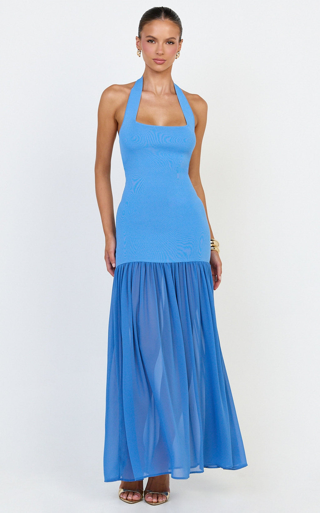 Barbara Maxi Dress - Halter Scoop Neck Contrast Georgette Dress in Cornflower Blue