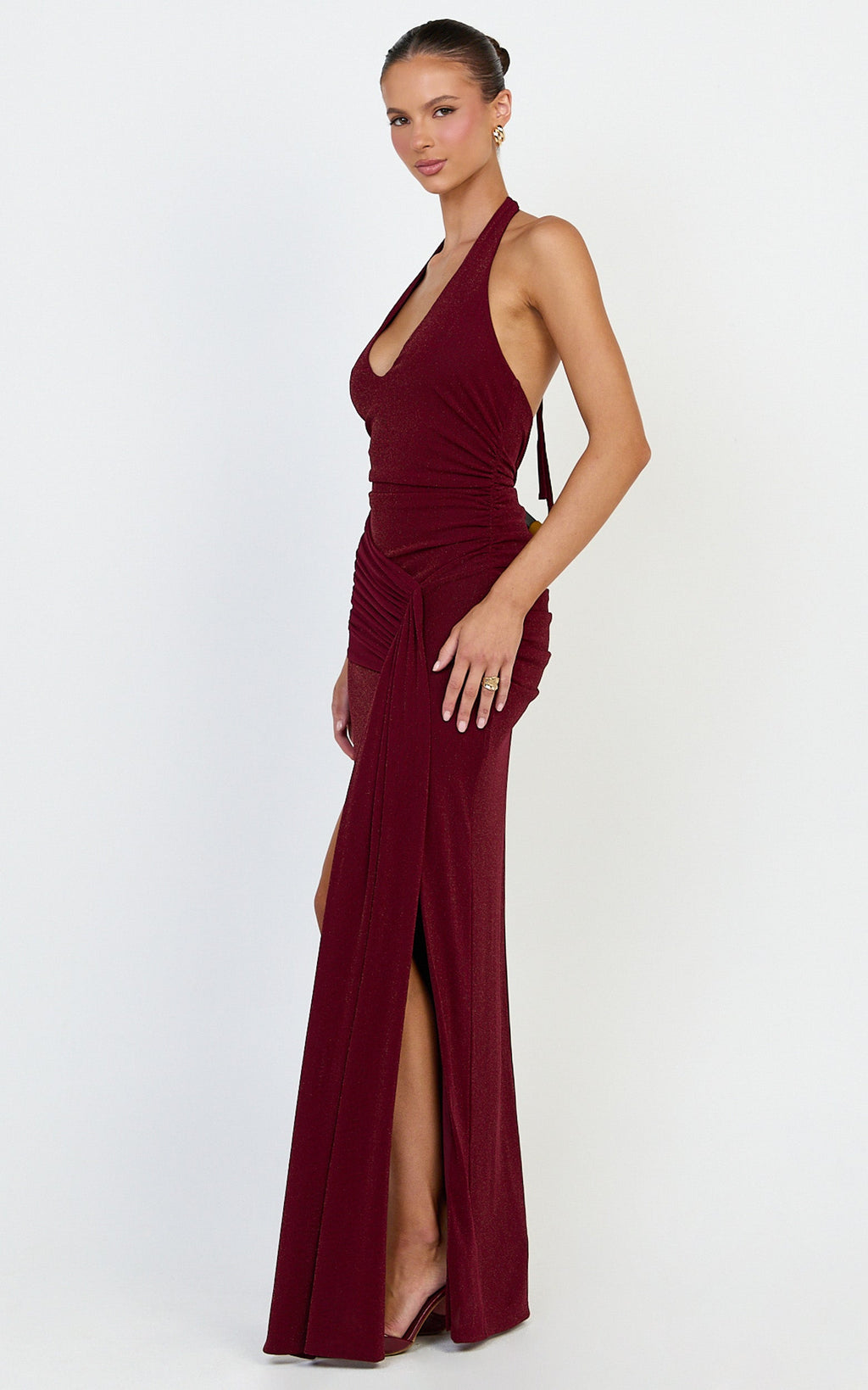 Coraline Maxi Dress - Plunge Neckline Lurex Mesh Halter Dress in Wine