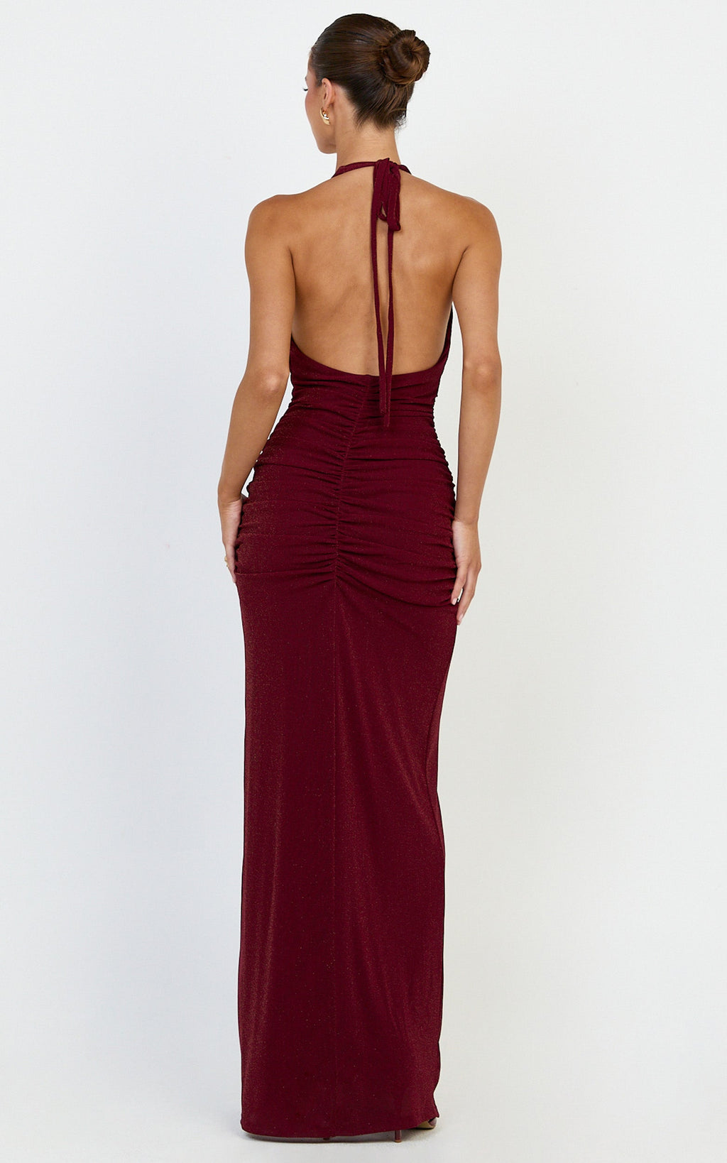 Coraline Maxi Dress - Plunge Neckline Lurex Mesh Halter Dress in Wine