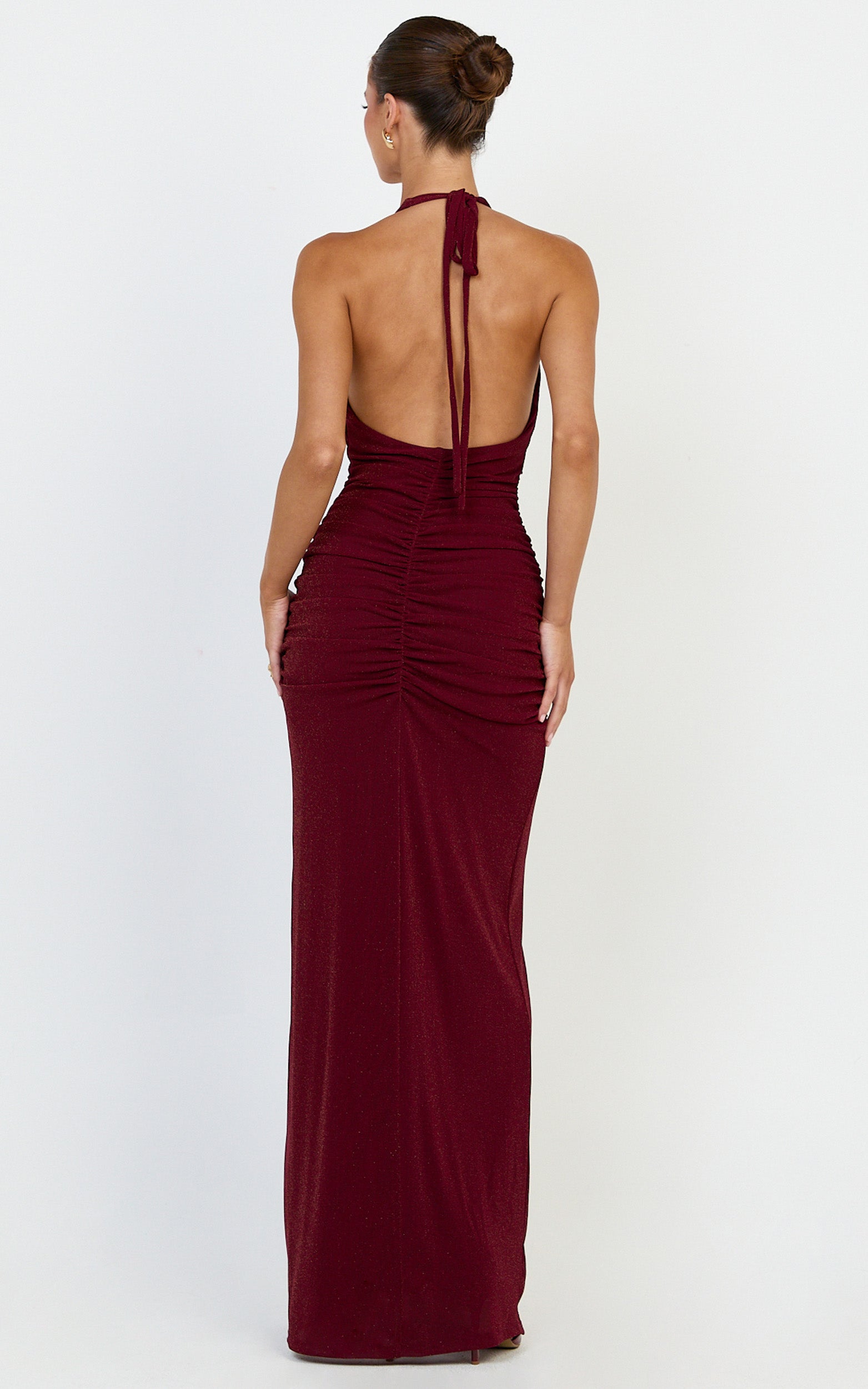 Coraline Maxi Dress - Plunge Neckline Lurex Mesh Halter Dress in Wine