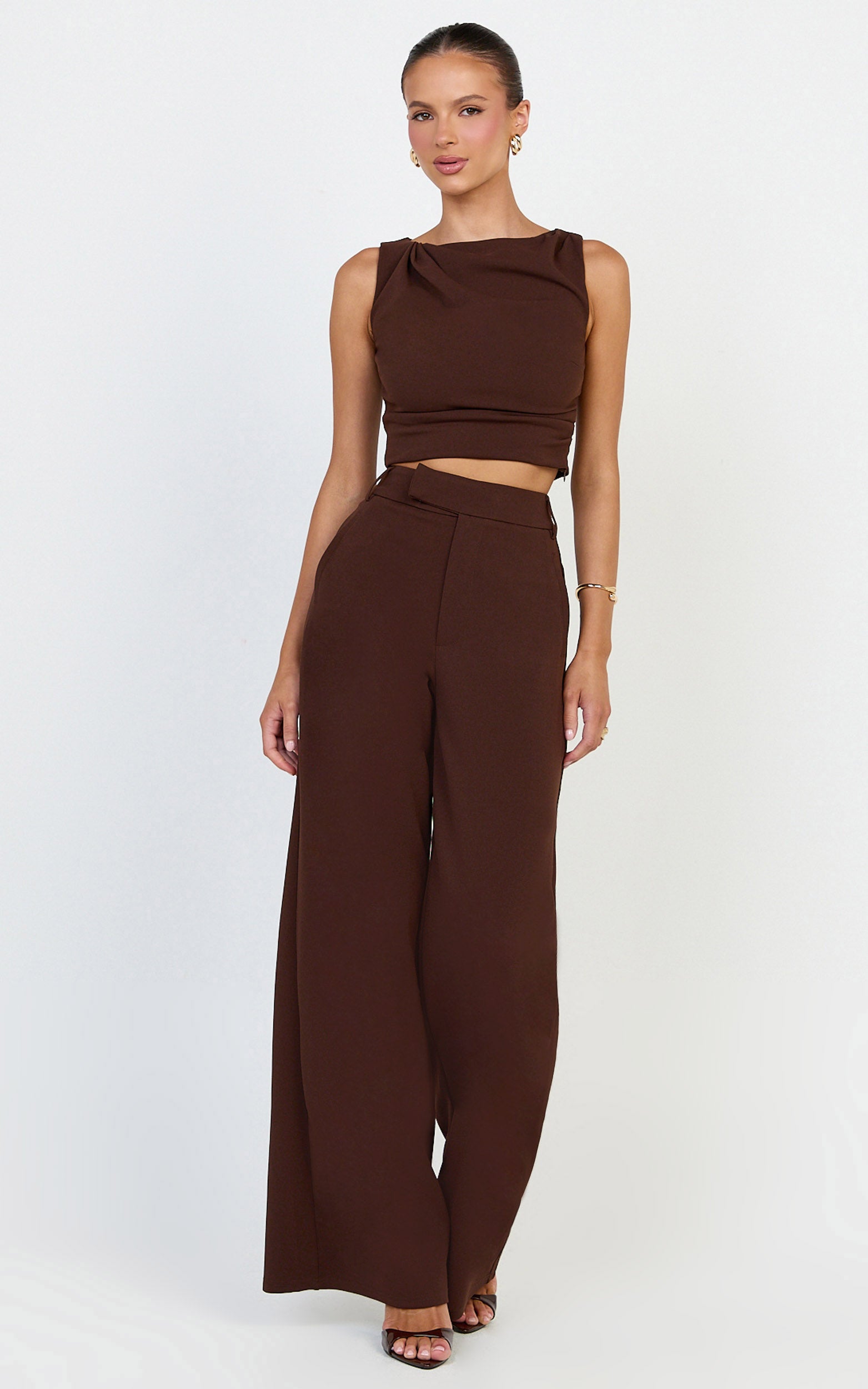 Helen Two Piece Set - Crepe Twisted Top And Wide Leg Pants in Chocolate