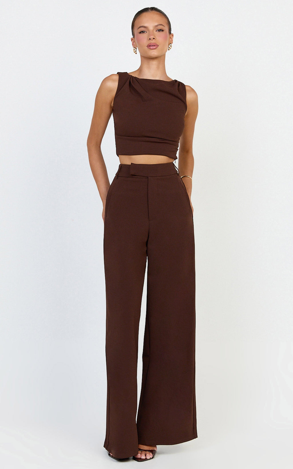Helen Two Piece Set - Crepe Twisted Top And Wide Leg Pants in Chocolate