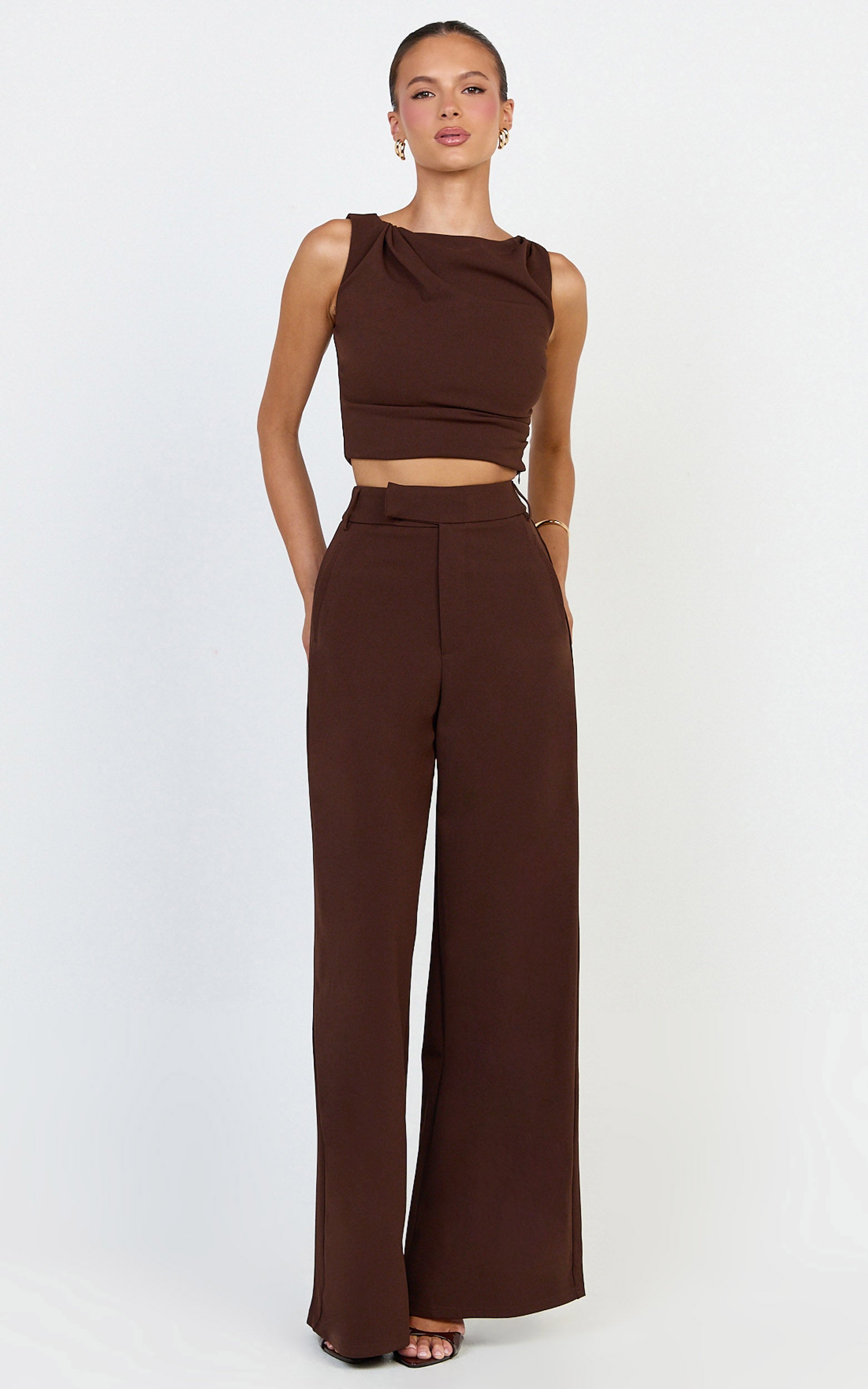Helen Two Piece Set - Crepe Twisted Top And Wide Leg Pants in Chocolate
