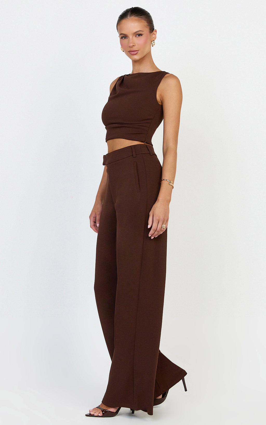 Helen Two Piece Set - Crepe Twisted Top And Wide Leg Pants in Chocolate