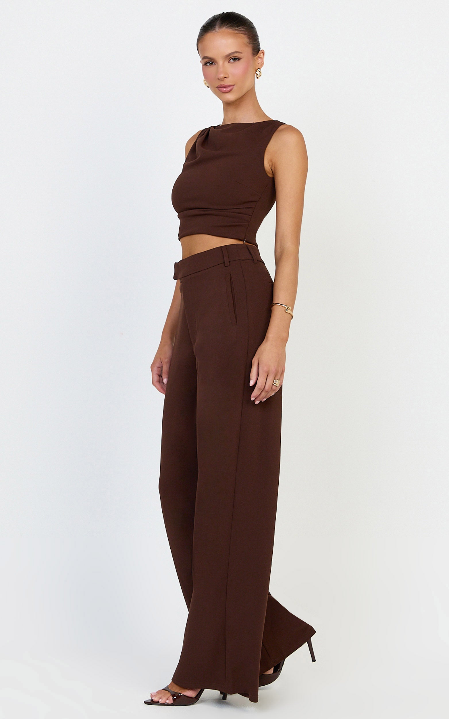 Helen Two Piece Set - Crepe Twisted Top And Wide Leg Pants in Chocolate