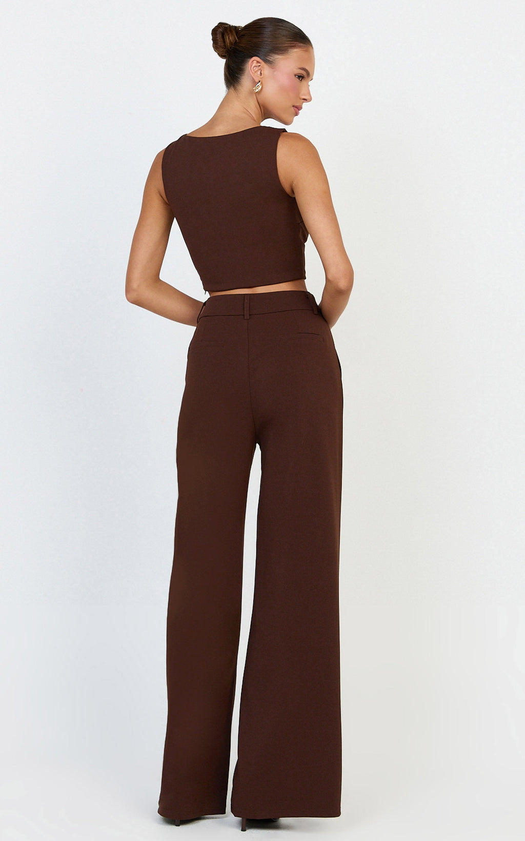 Helen Two Piece Set - Crepe Twisted Top And Wide Leg Pants in Chocolate