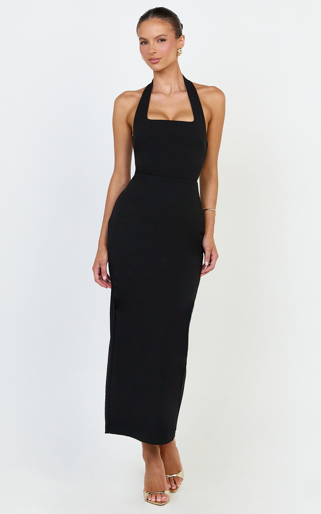 Holly Midi Dress - Halter Neck Column Dress in Black