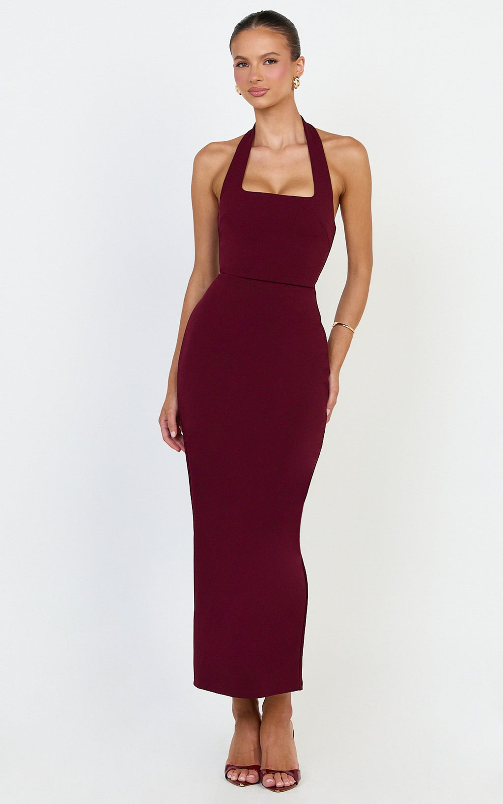 Holly Midi Dress - Halter Neck Column Dress in Wine