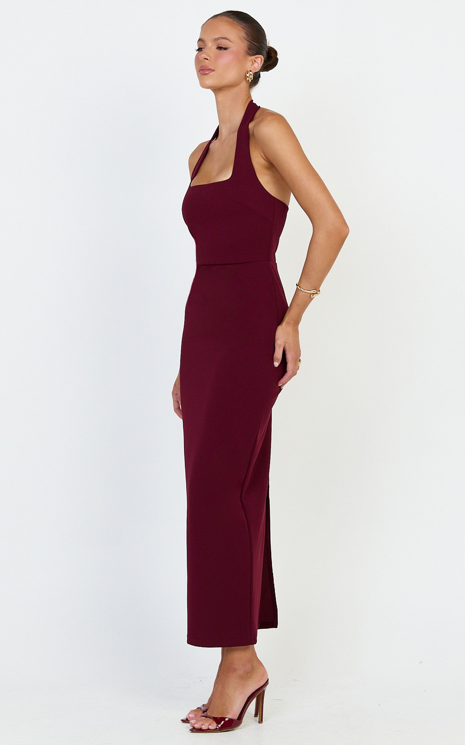 Holly Midi Dress - Halter Neck Column Dress in Wine