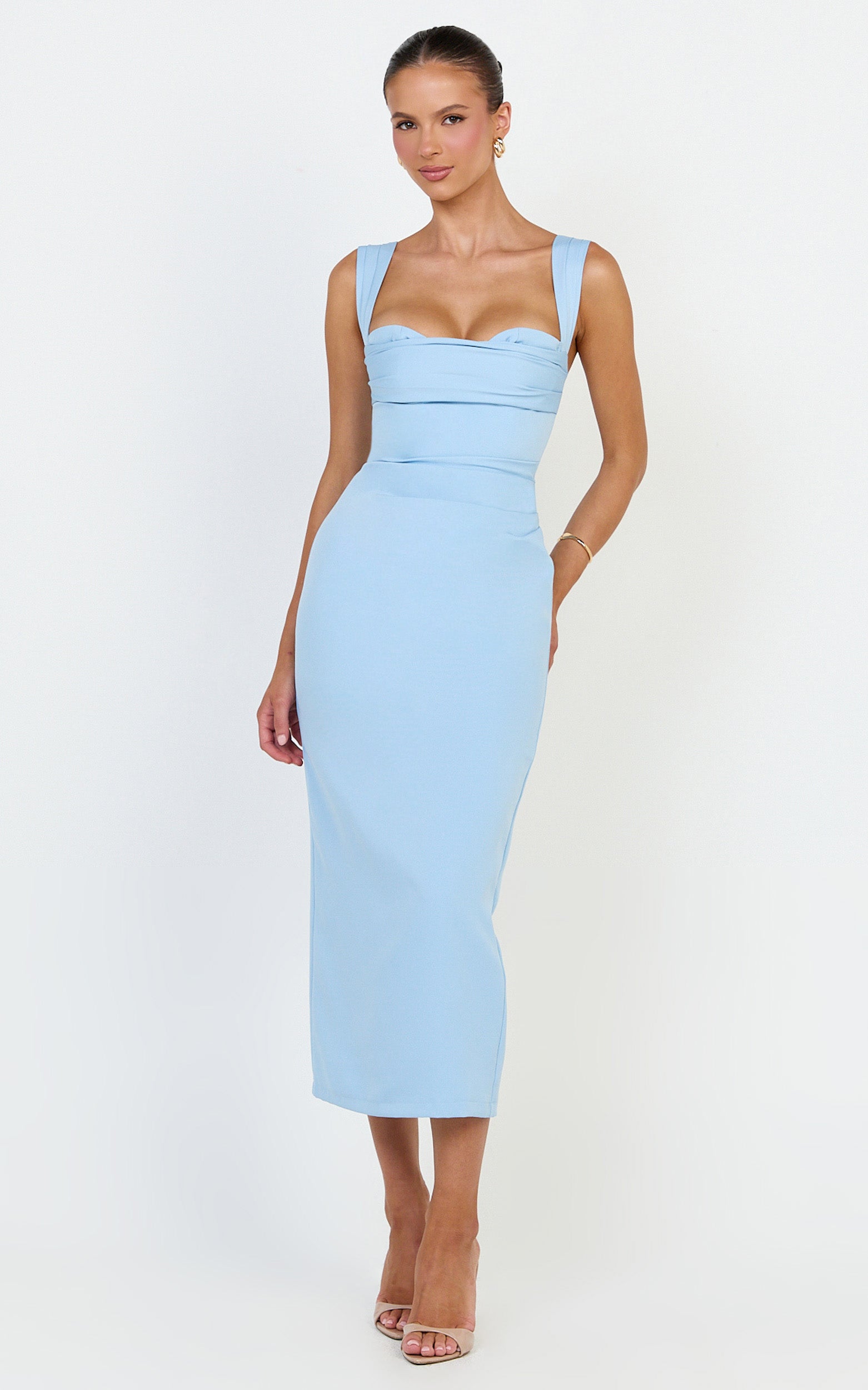 Kenna Midi Dress - Gathered Bust Tucked Waist Dress in Pale Blue
