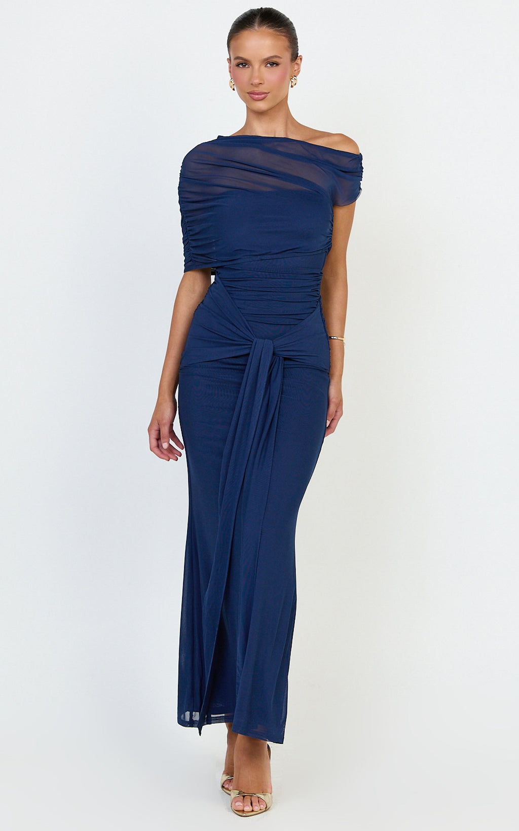 Nicolette Maxi Dress - Cape Sleeve Off Shoulder Dress in Navy