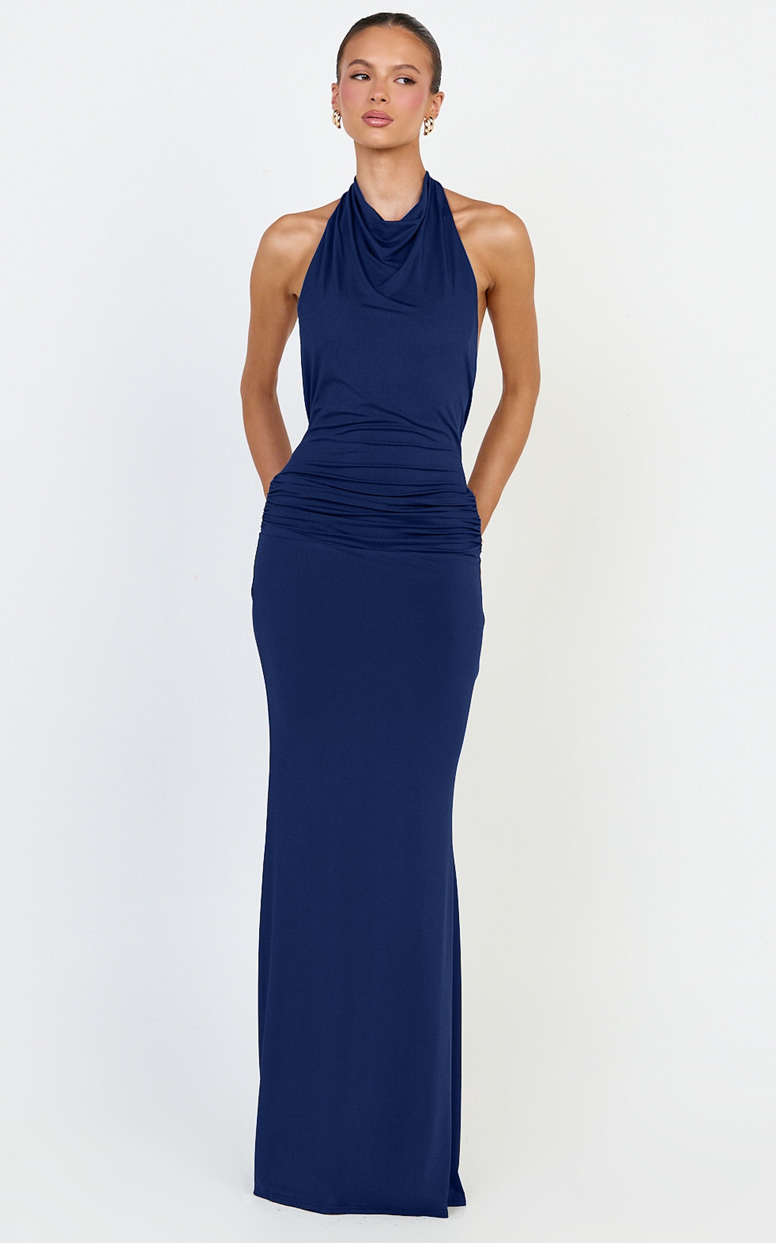 Lizzy Maxi Dress - Backless Ruched Bodycon Dress in Navy