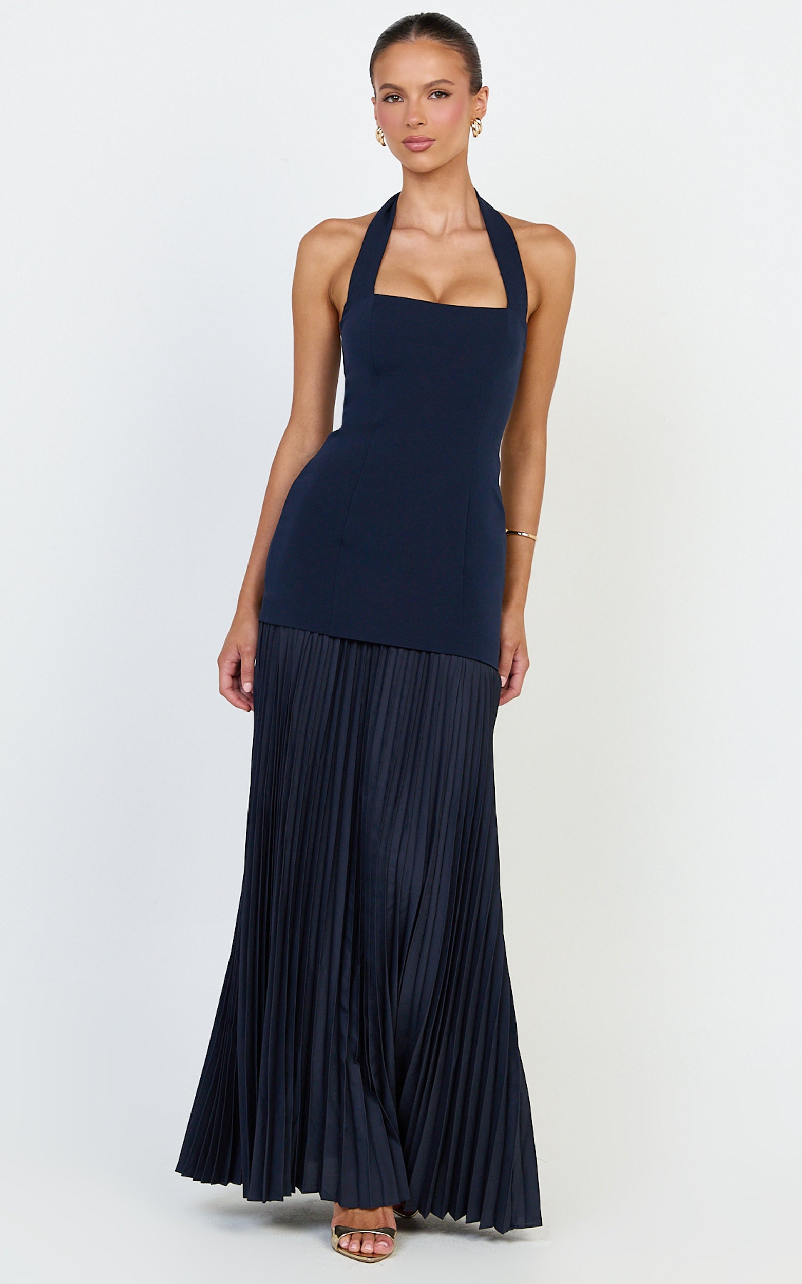 Loretta Maxi Dress - Contrast Halter Neck Pleated Dress in Navy