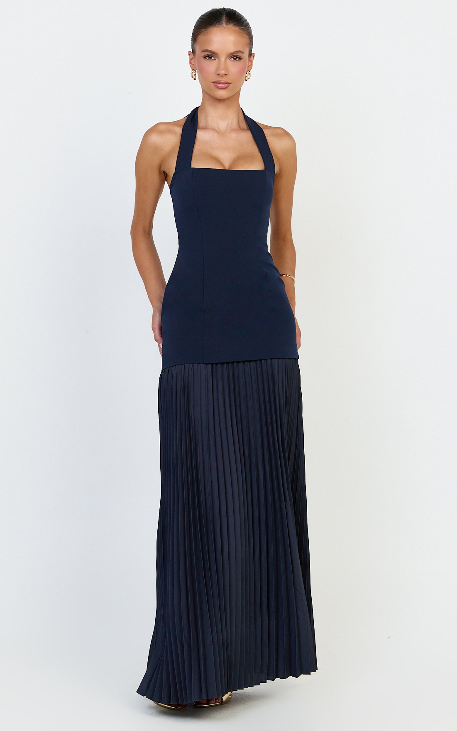 Loretta Maxi Dress - Contrast Halter Neck Pleated Dress in Navy