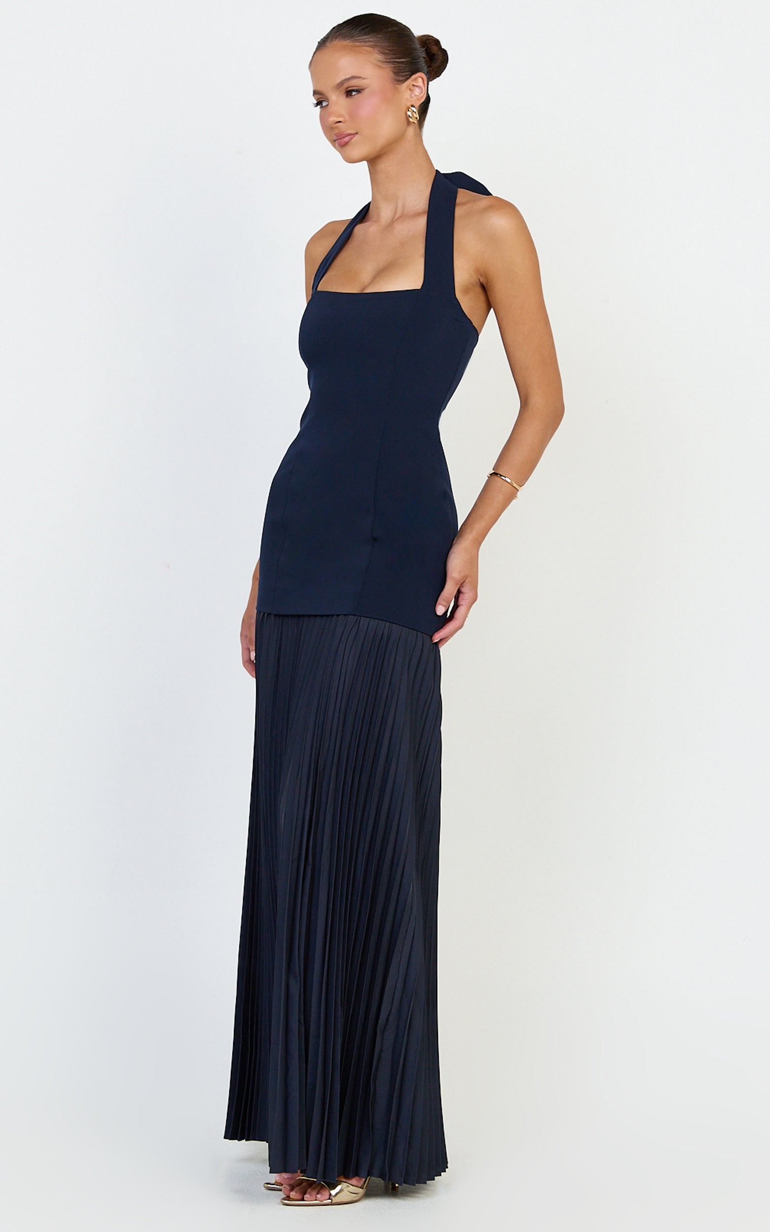 Loretta Maxi Dress - Contrast Halter Neck Pleated Dress in Navy