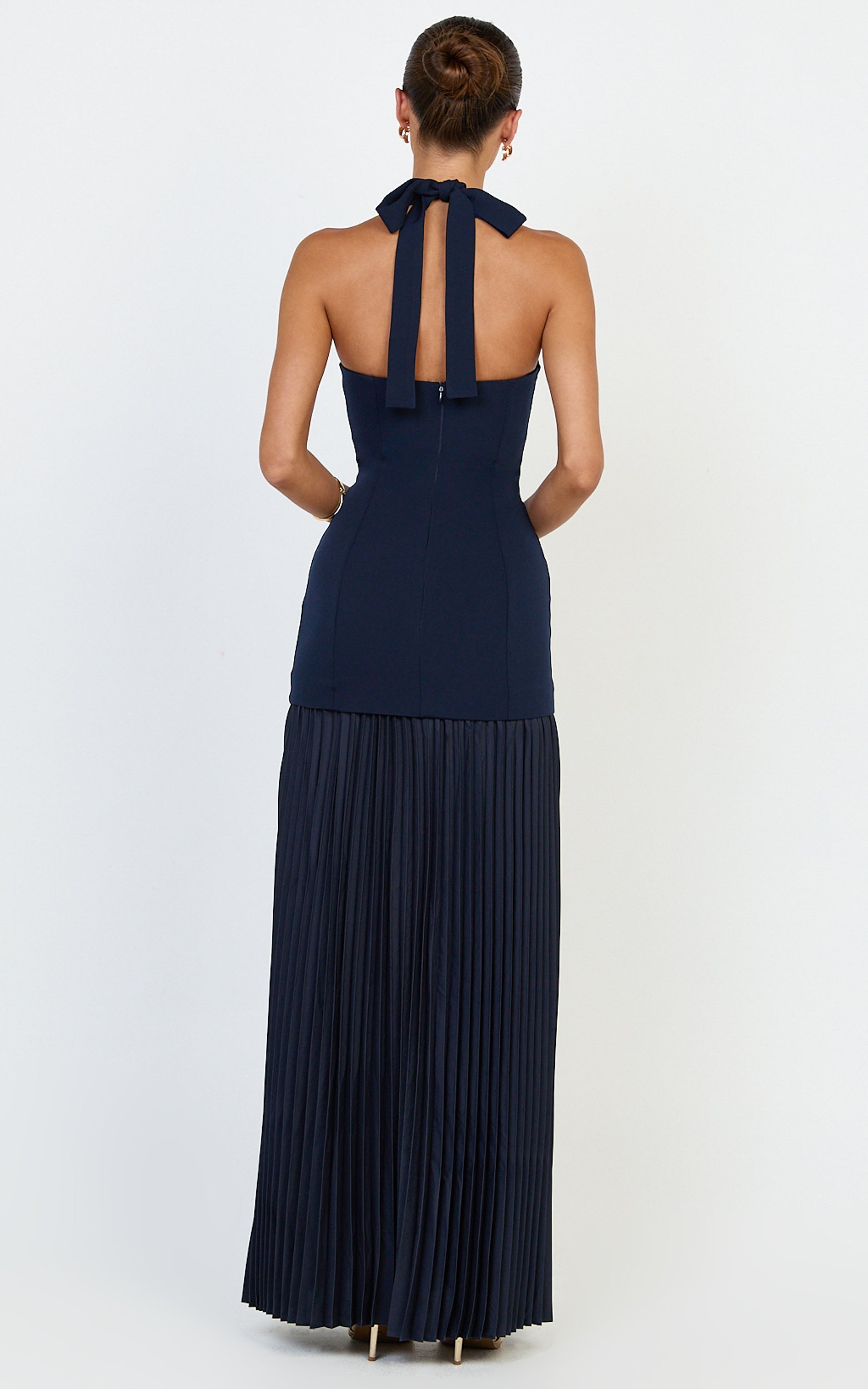 Loretta Maxi Dress - Contrast Halter Neck Pleated Dress in Navy