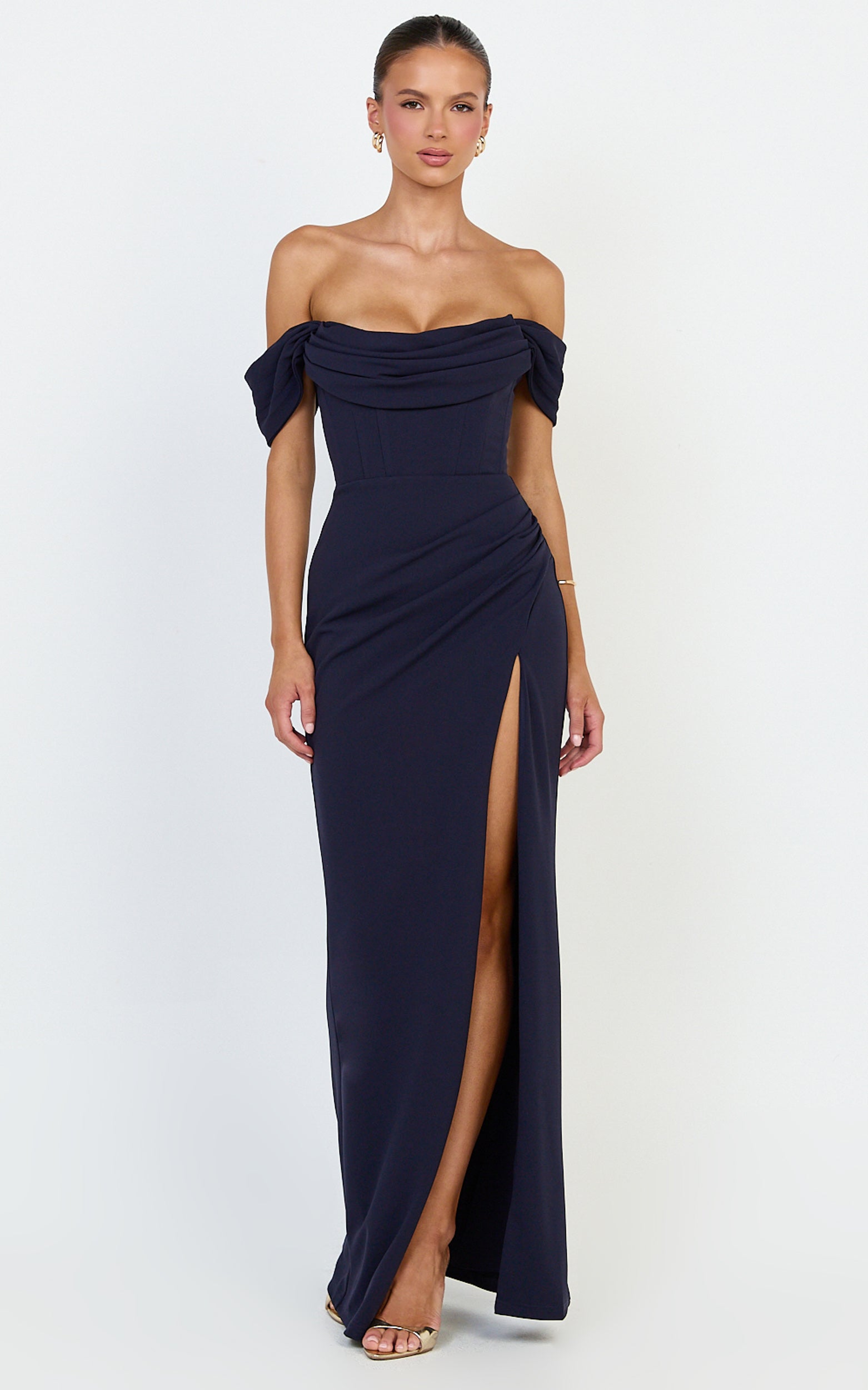 Marcel Maxi Dress - Off Shoulder Corset High Split Dress in Navy