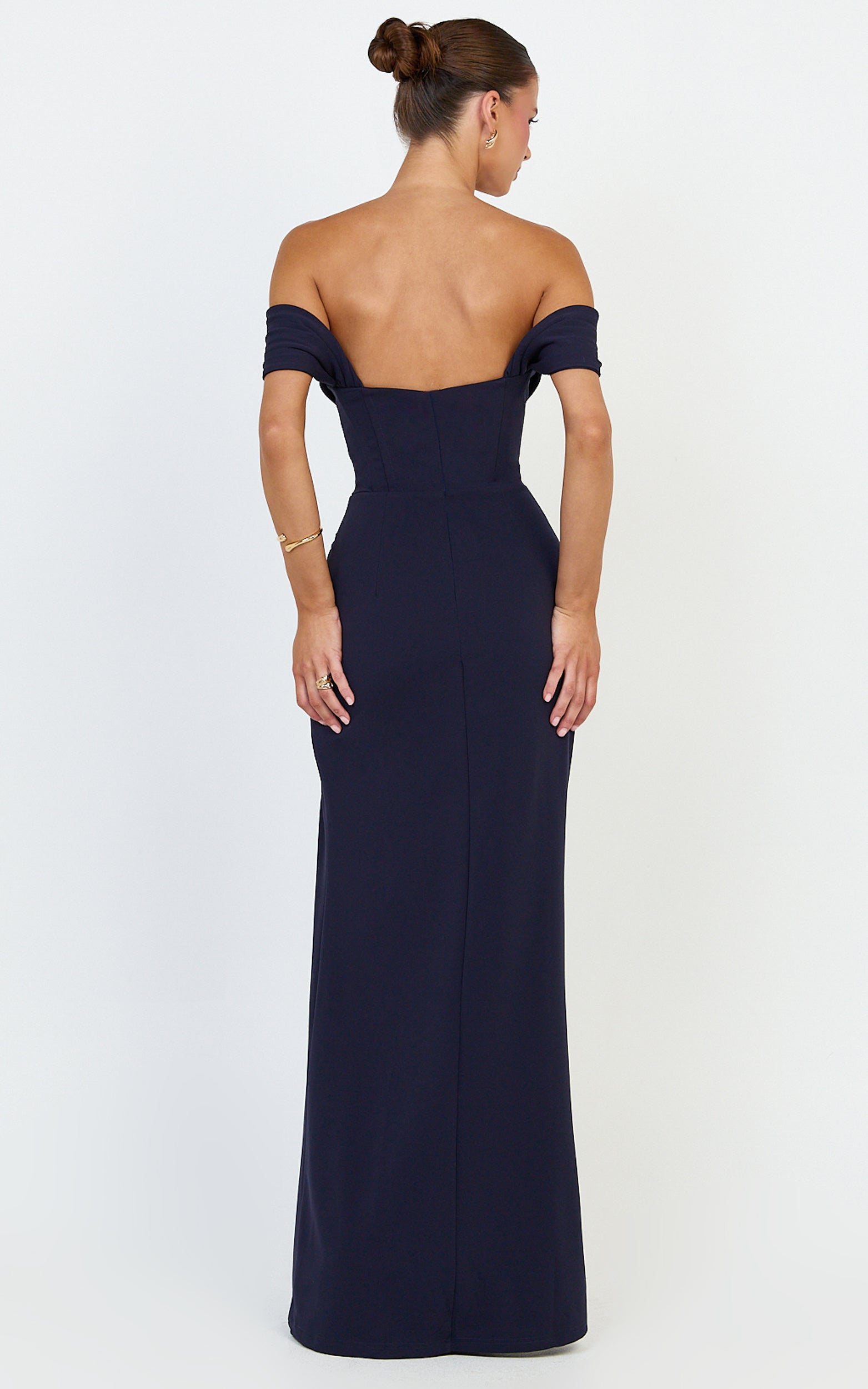 Marcel Maxi Dress - Off Shoulder Corset High Split Dress in Navy