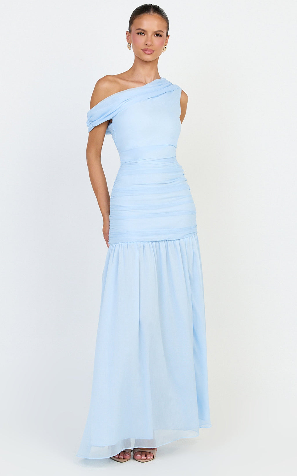 Oceane Maxi Dress - Draped Off Shoulder Gathered Bodice Dress in Soft Blue